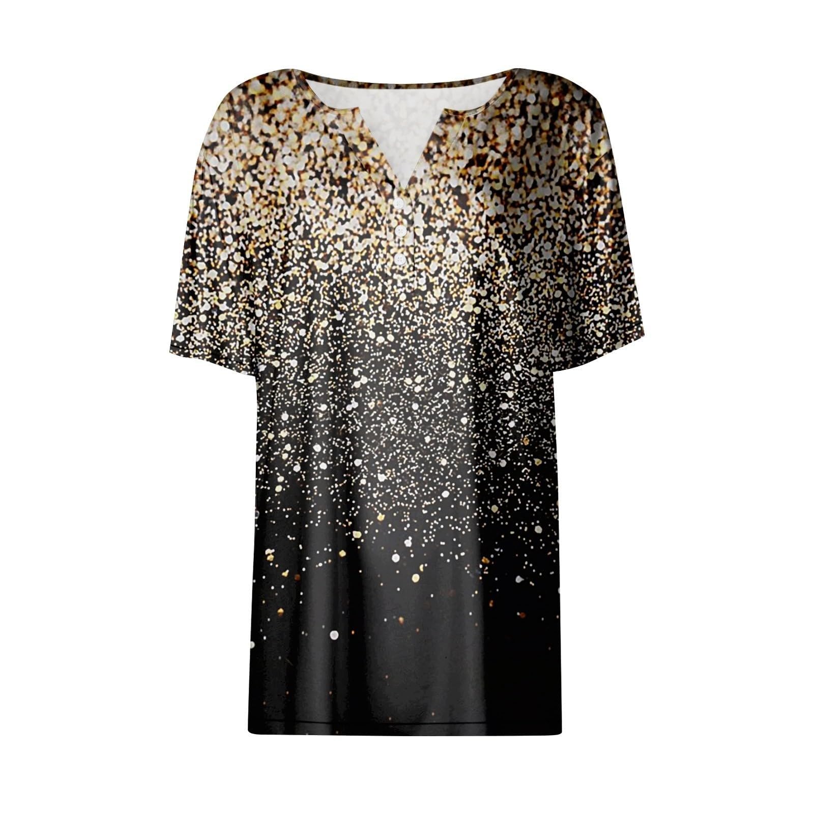 Sparkling Rhinestone Henley Shirts for Women - Short Sleeve V-Neck Summer Tops | Casual Button Down Blouses & Dressy T-Shirts 2024 | Perfect for Date Nights, Office Wear & Summer Outings