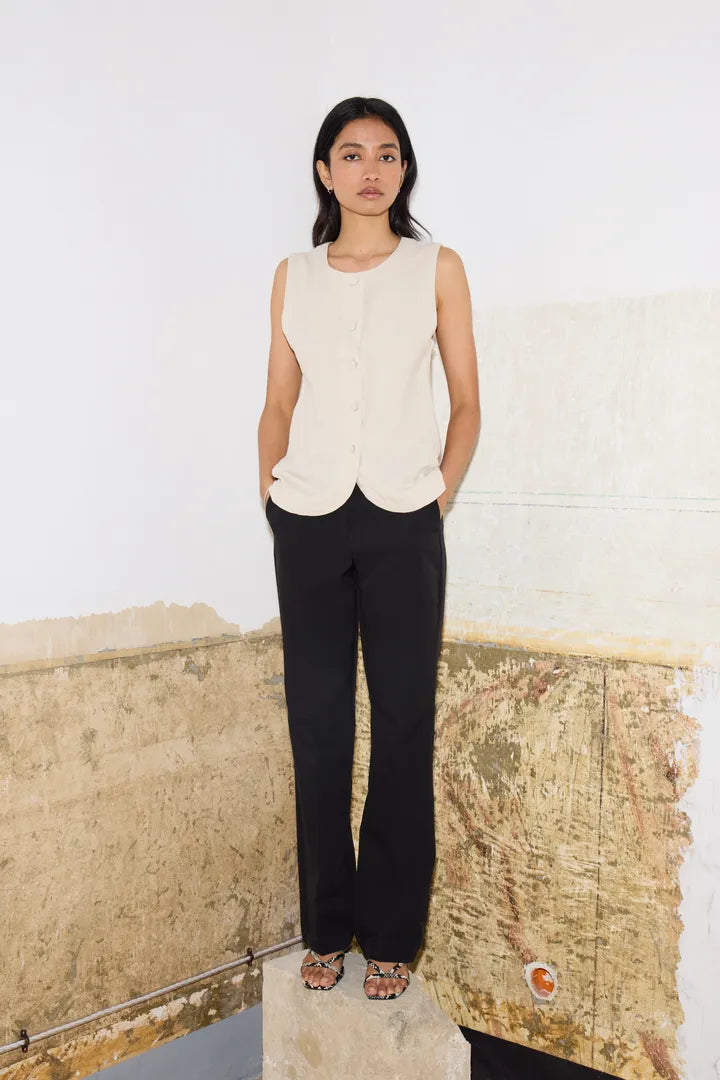 Linno Sleeveless Waistcoat Top for Women - Natural Ecru Summer Vest, Casual Office Wear & Layering Piece