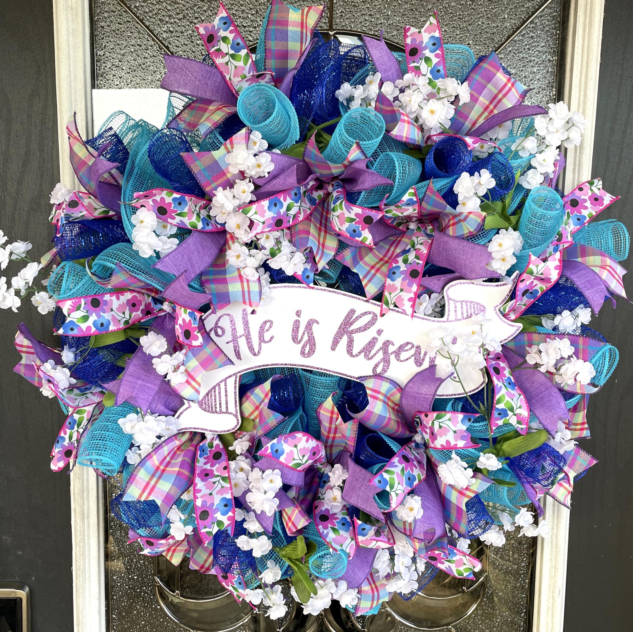 He is RISEN! Easter Spring & Summer Deco Mesh Front Door Wreath - Floral Farmhouse Decor for Front Door, Wedding, Country Home - Blue, Pink, Purple Plaid Design - Perfect for Easter Celebrations, Spring Home Decor & Farmhouse Weddings