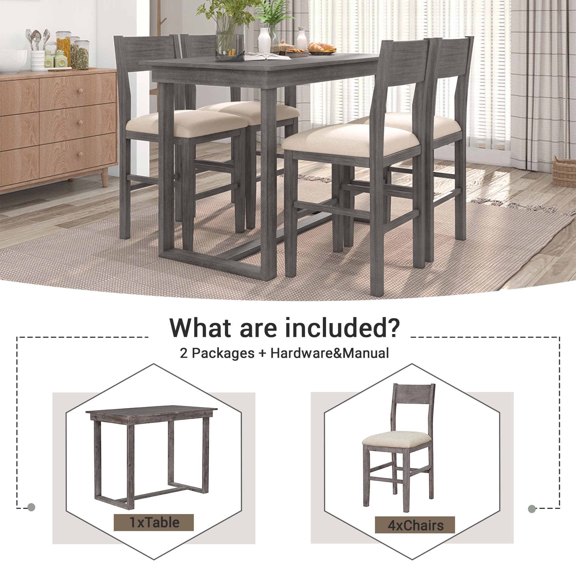 Farmhouse Style 5-Piece Counter Height Dining Set - Solid Wood Rectangular Table with 4 Chairs, Gray Wooden Kitchen Pub Bar Table for Small Spaces, Perfect for Breakfast Nooks, Compact Apartments & Cozy Dining Areas
