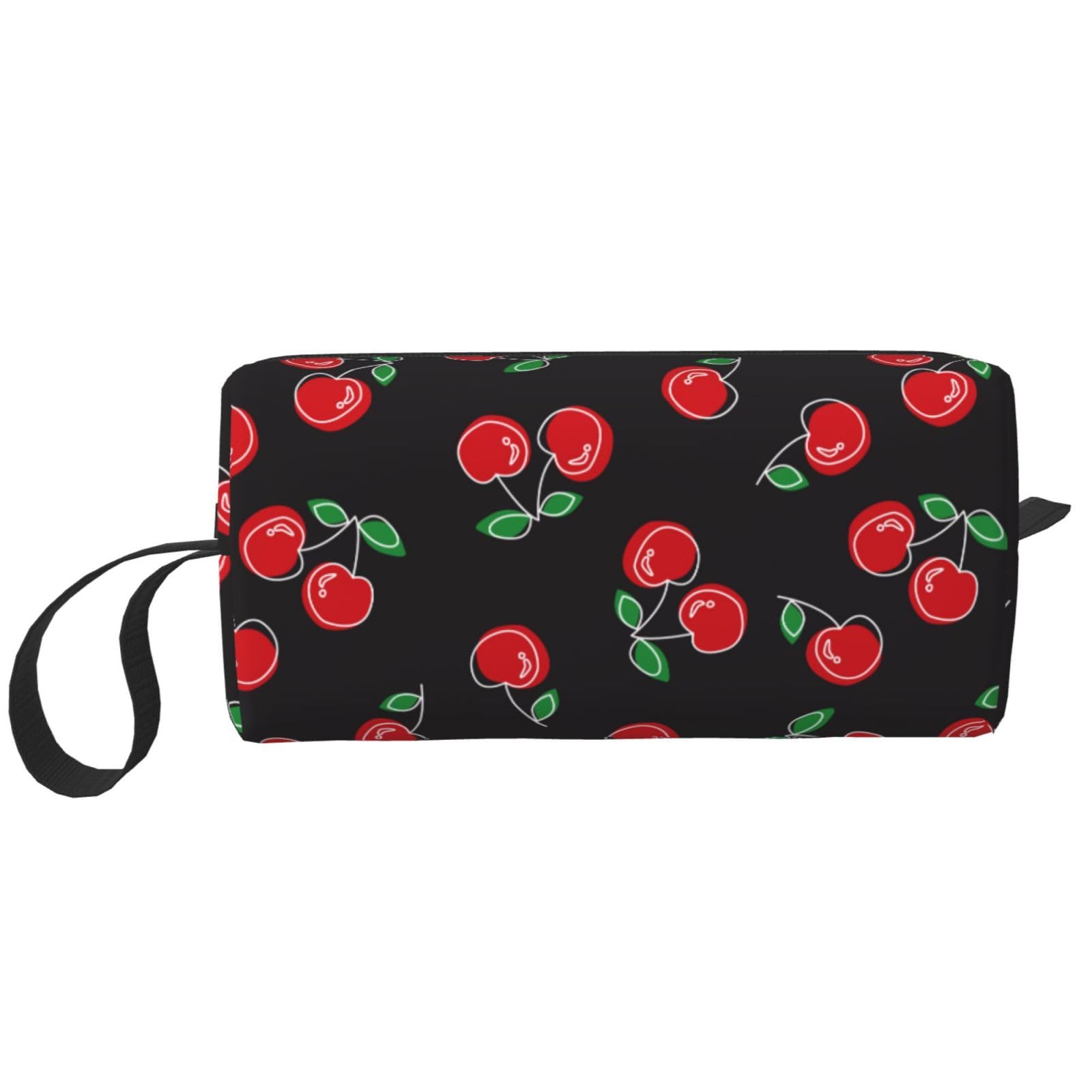 Red Cherry Black Makeup Bag Organizer - Small Cosmetic Travel Toiletry Bag with Handle - Portable Zipper Pouch for Women & Girls - Perfect for Travel, Gym, and Daily Essentials Storage