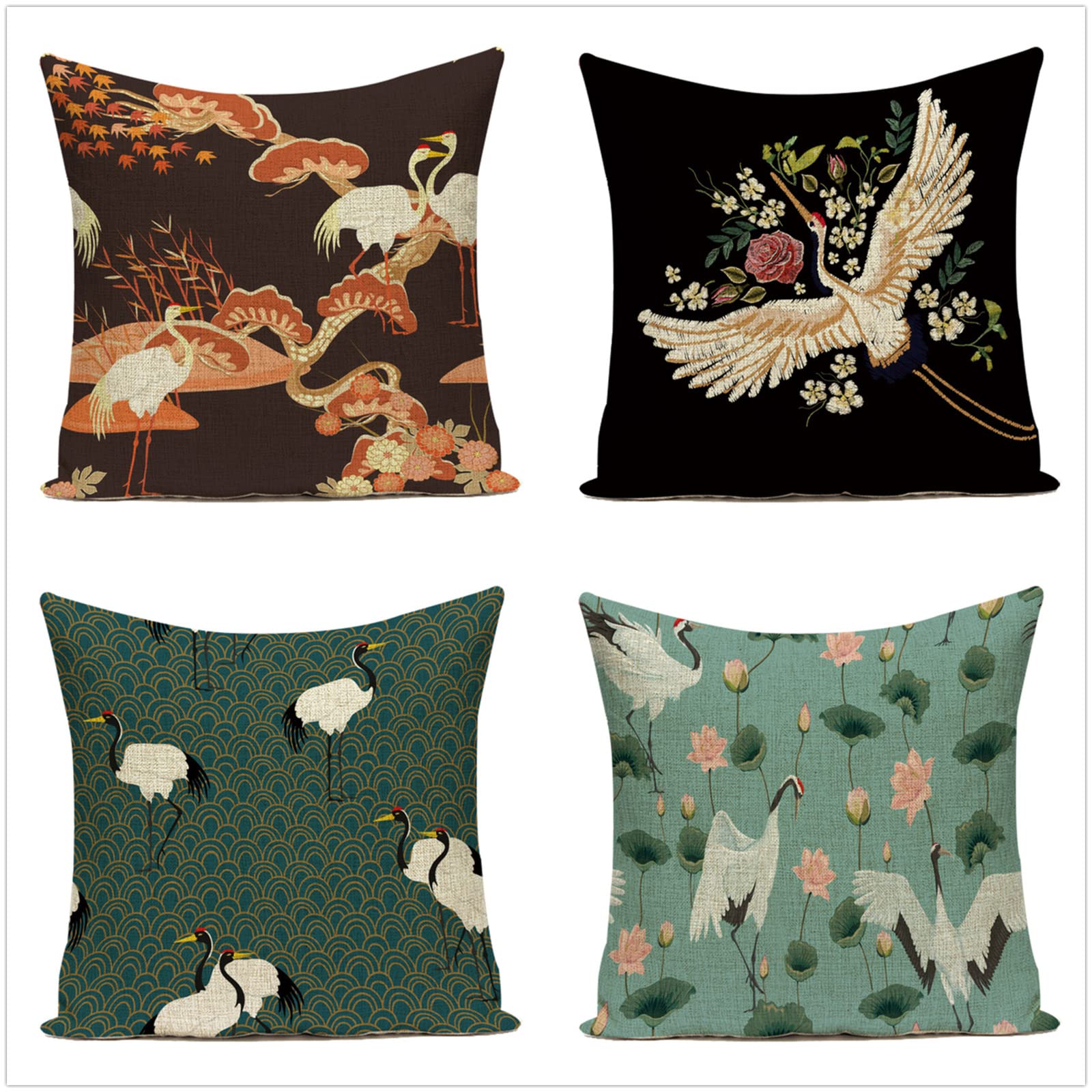 Waterproof Flower Crane Pillow Covers 14x14 Inch Set of 4 - Double Sided Linen Square Throw Pillow Covers for Outdoor, Couch, Sofa, Bedroom & Living Room Decor - Perfect for Patio Furniture, Garden Seating & Home Styling (Pack of 4)