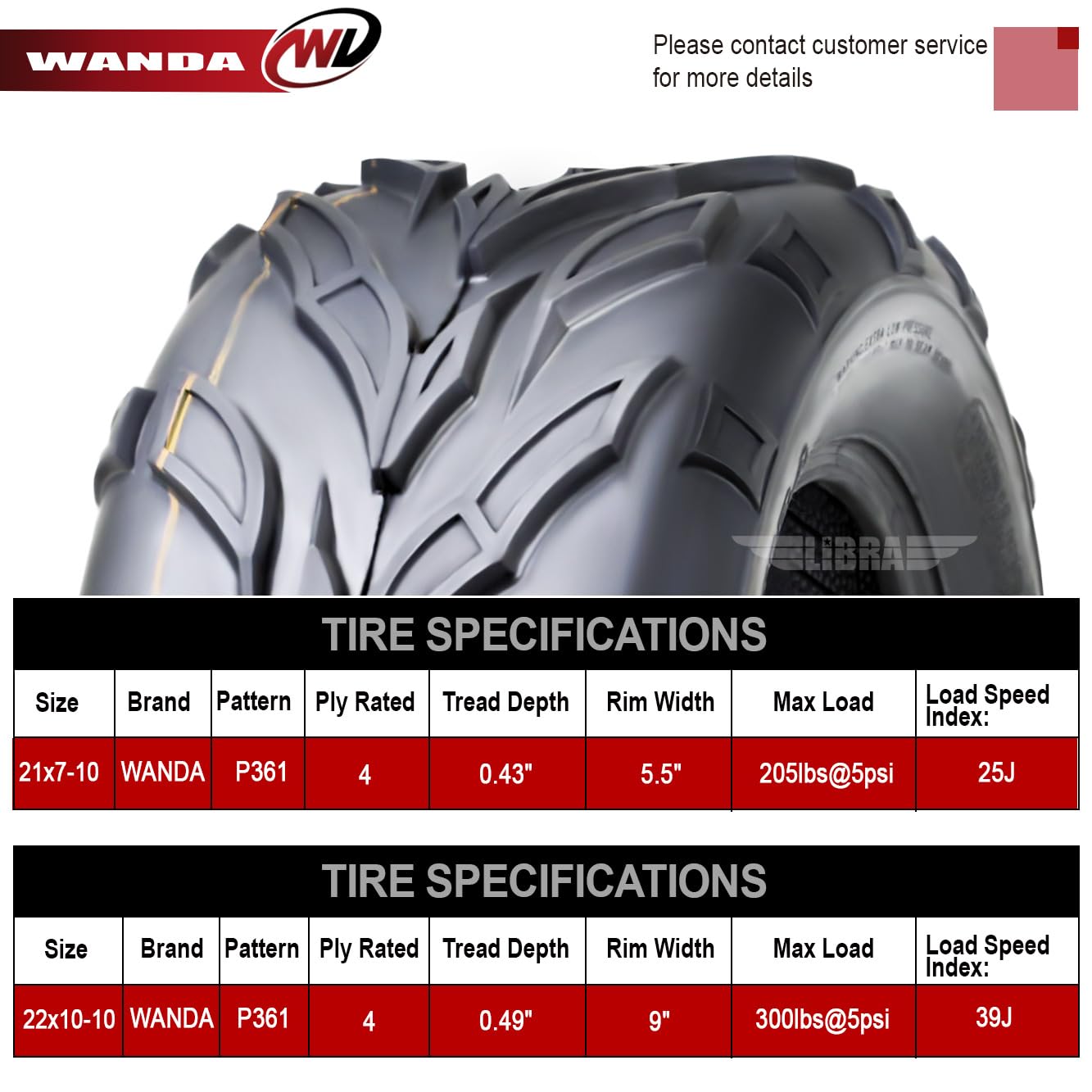 WANDA Full Set Sport ATV Tires 21x7-10 & 22x10-10 for Arctic Cat 150 250 - Durable Off-Road Tires for Trail Riding, Mudding, and Outdoor Adventures