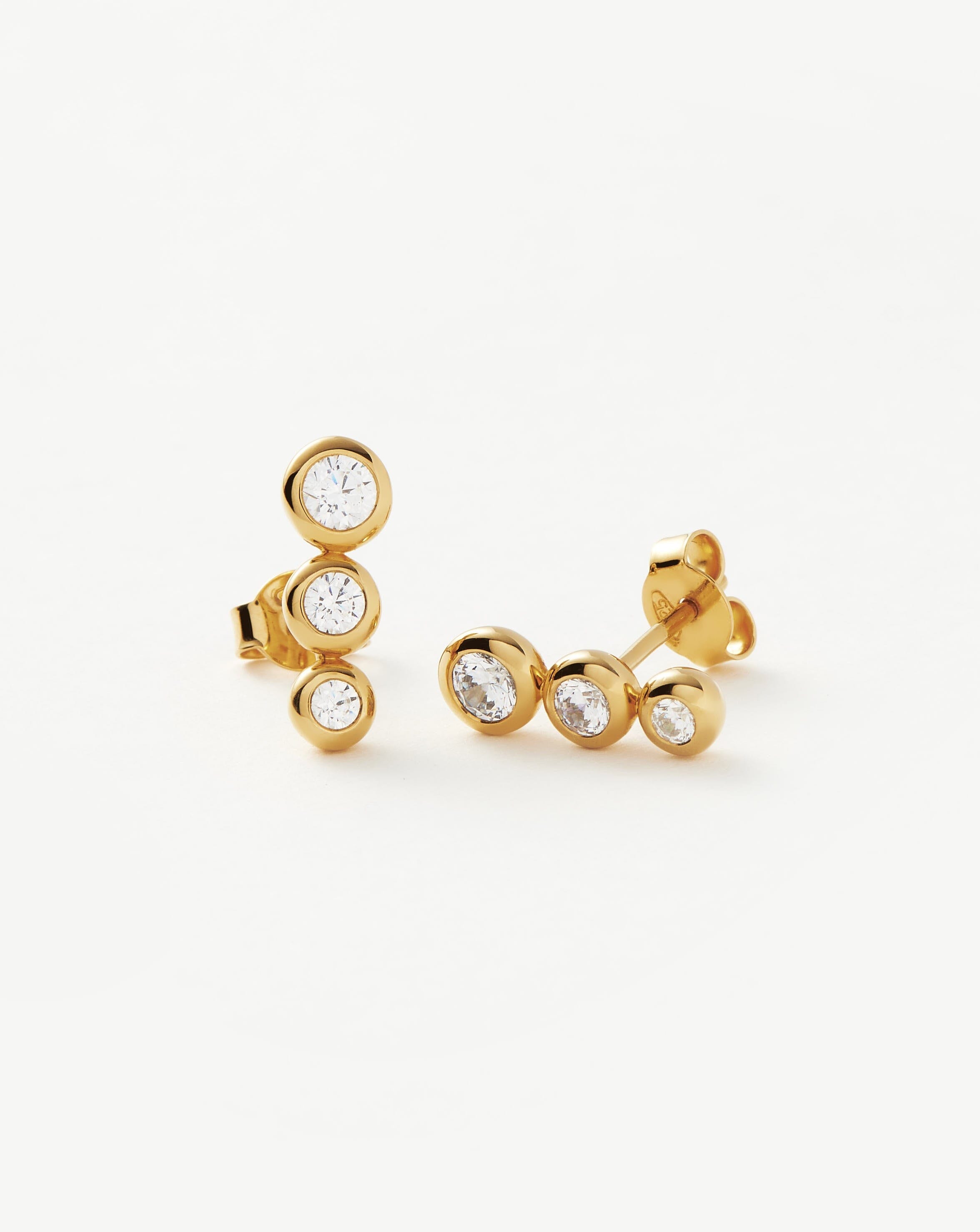 18k Gold Vermeil Triple Stone Stud Earrings with Cubic Zirconia - Elegant Jewelry for Women, Perfect for Parties, Weddings & Everyday Wear