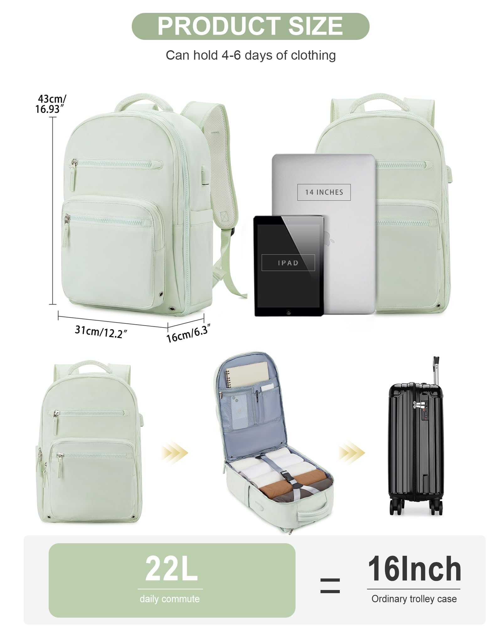 Stylish Mint Green Travel Backpack - Airline Approved, USB Charging for Work & College