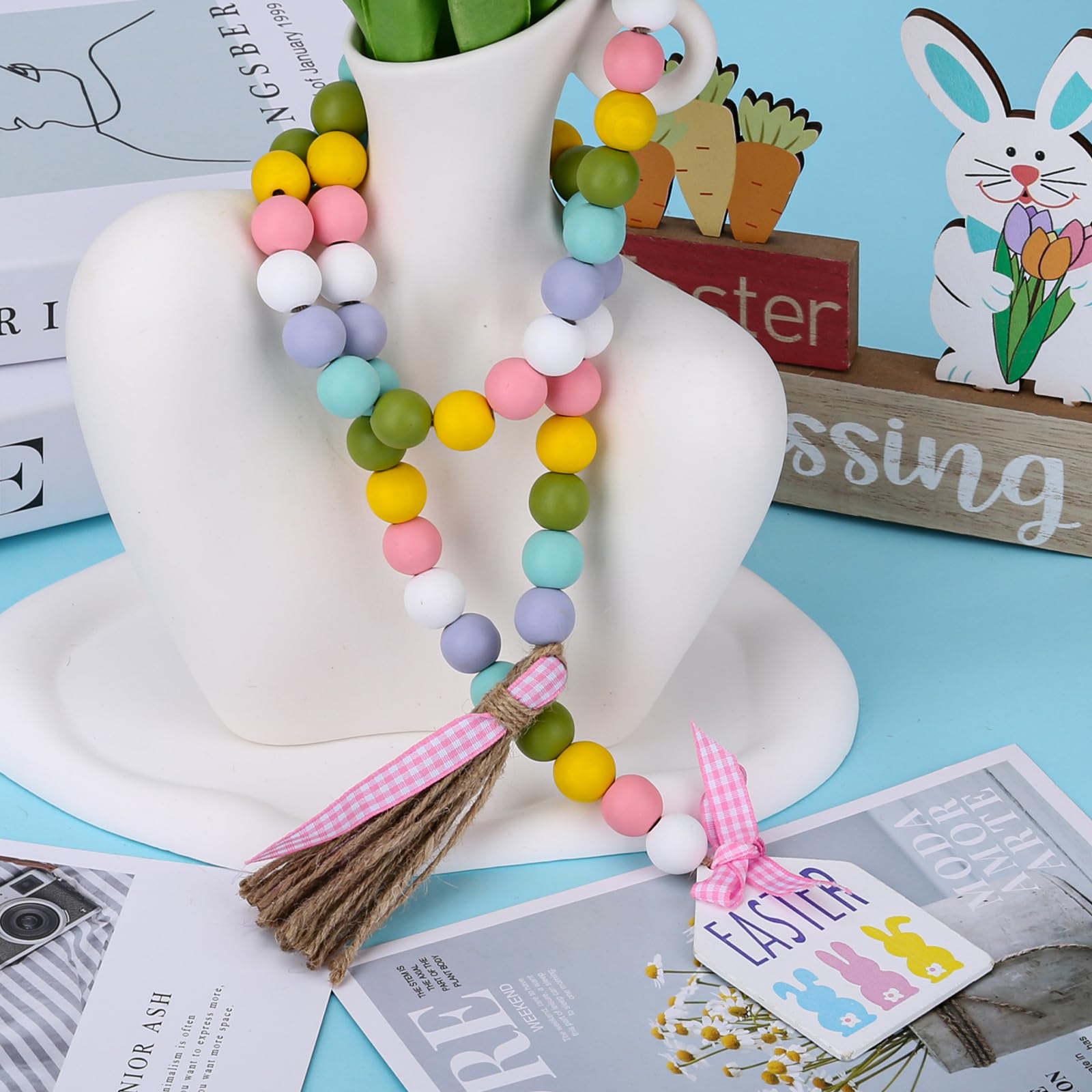 Easter Wood Bead Garland - 38.6 Inch Spring Wooden Beads with Tassel, Boho Farmhouse Rustic Hanging Decor for Home, Wall, Tiered Tray & Shelf - Perfect for Easter Bunny Decorations, Spring Parties & Farmhouse Style Room Decor