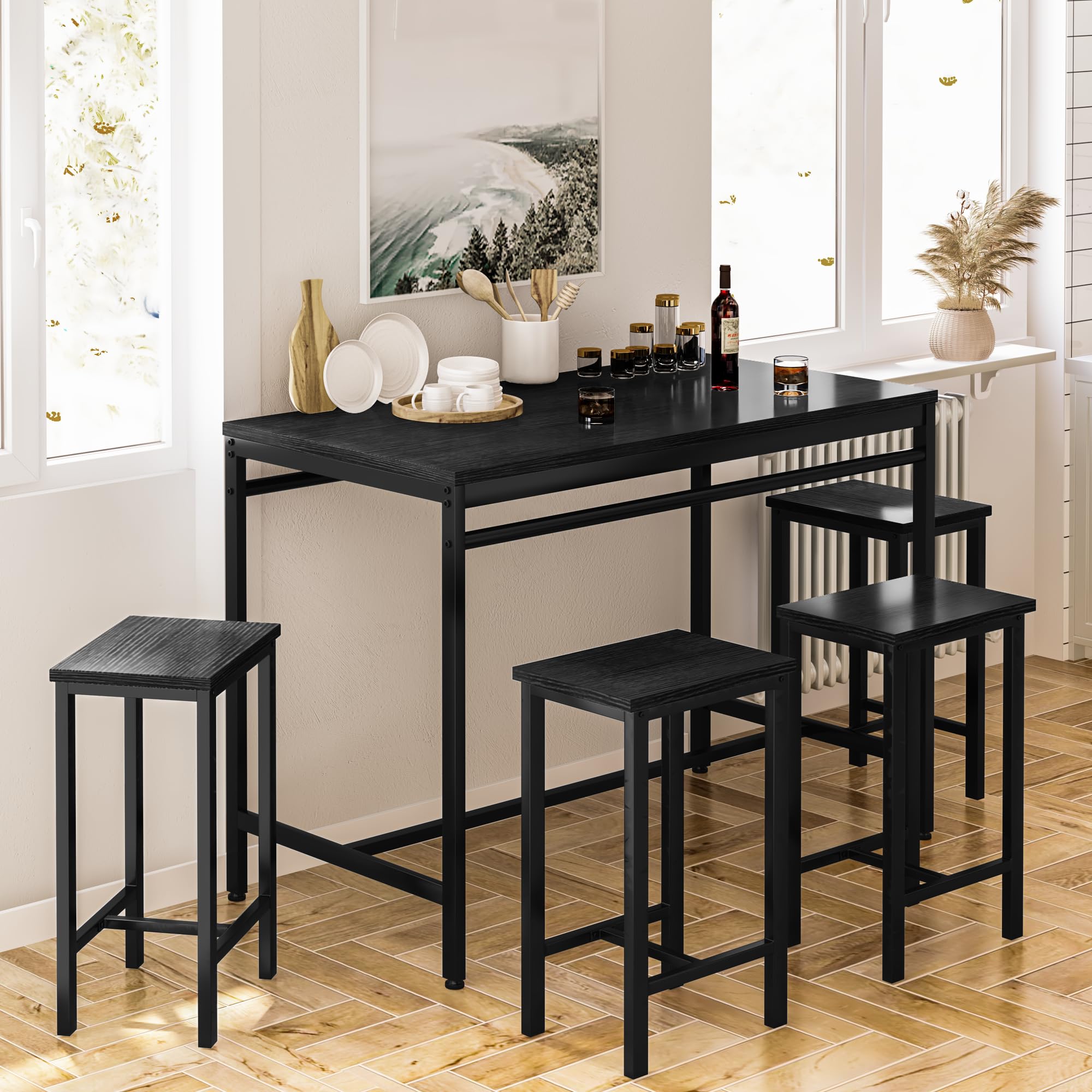Modern 5-Piece Counter Height Dining Bar Table Set for 4 - Black Bar Table & 4 Stools for Small Spaces, Apartments, Pubs, Kitchen & Dining Room - Perfect for Entertaining, Breakfast Nooks & Compact Living Areas