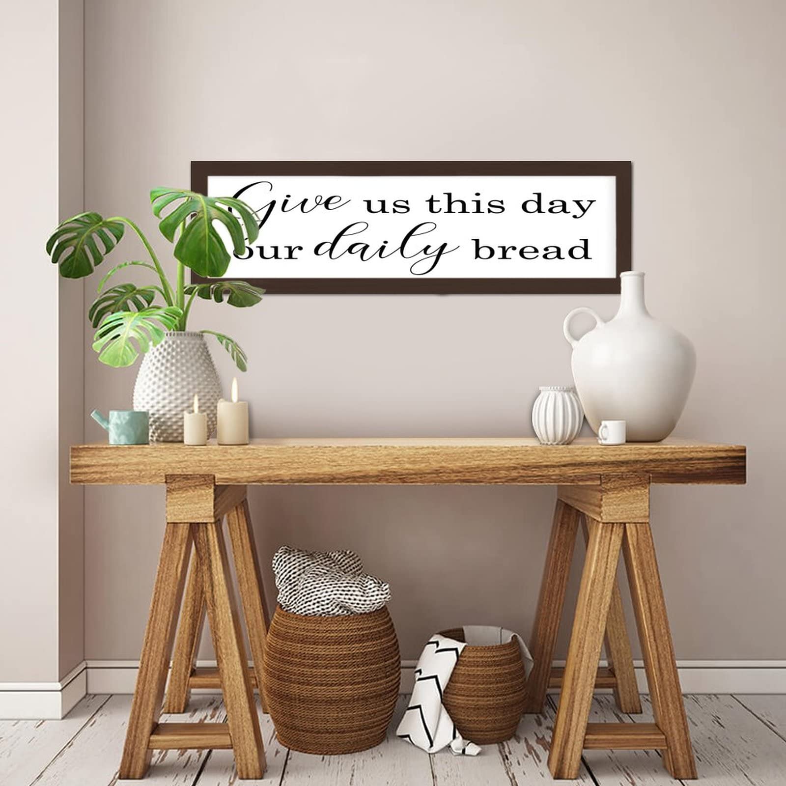 Give Us This Day Our Daily Bread Framed Wood Sign - Farmhouse Style Wooden Hanging Plaque, Rustic Wall Art Decor for Kitchen, Dining Room & Living Room - Perfect Christian Home Decor Gift