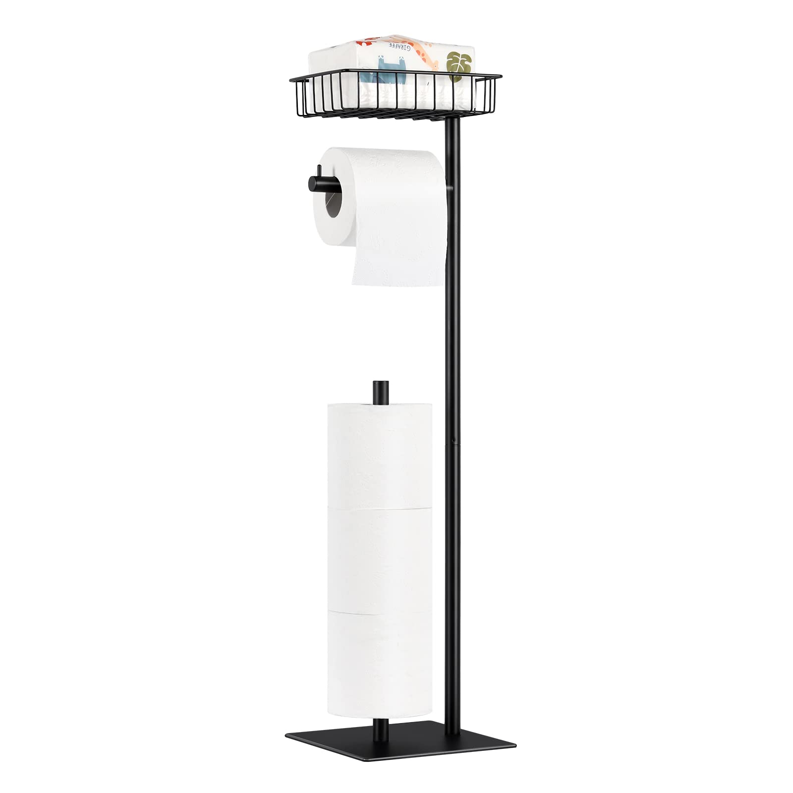 Free Standing Toilet Paper Holder Stand with Storage Basket - Industrial Style Bathroom Tissue Dispenser in Matte Black - Perfect for Home, Office, and RV Use