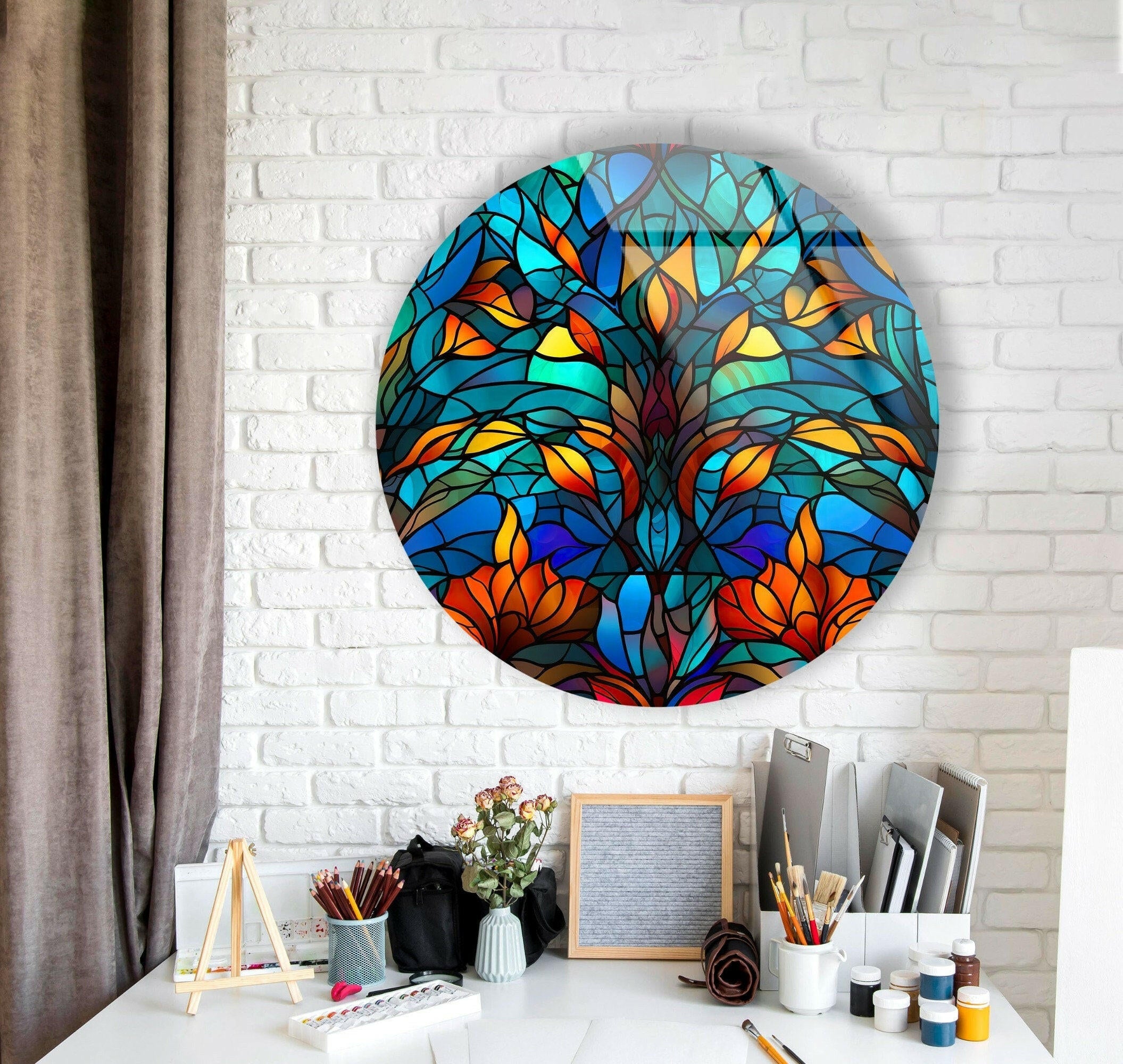 Blue Stained Glass Round Tree Wall Art - Handmade Home Decor for Living Room, Bedroom & Office