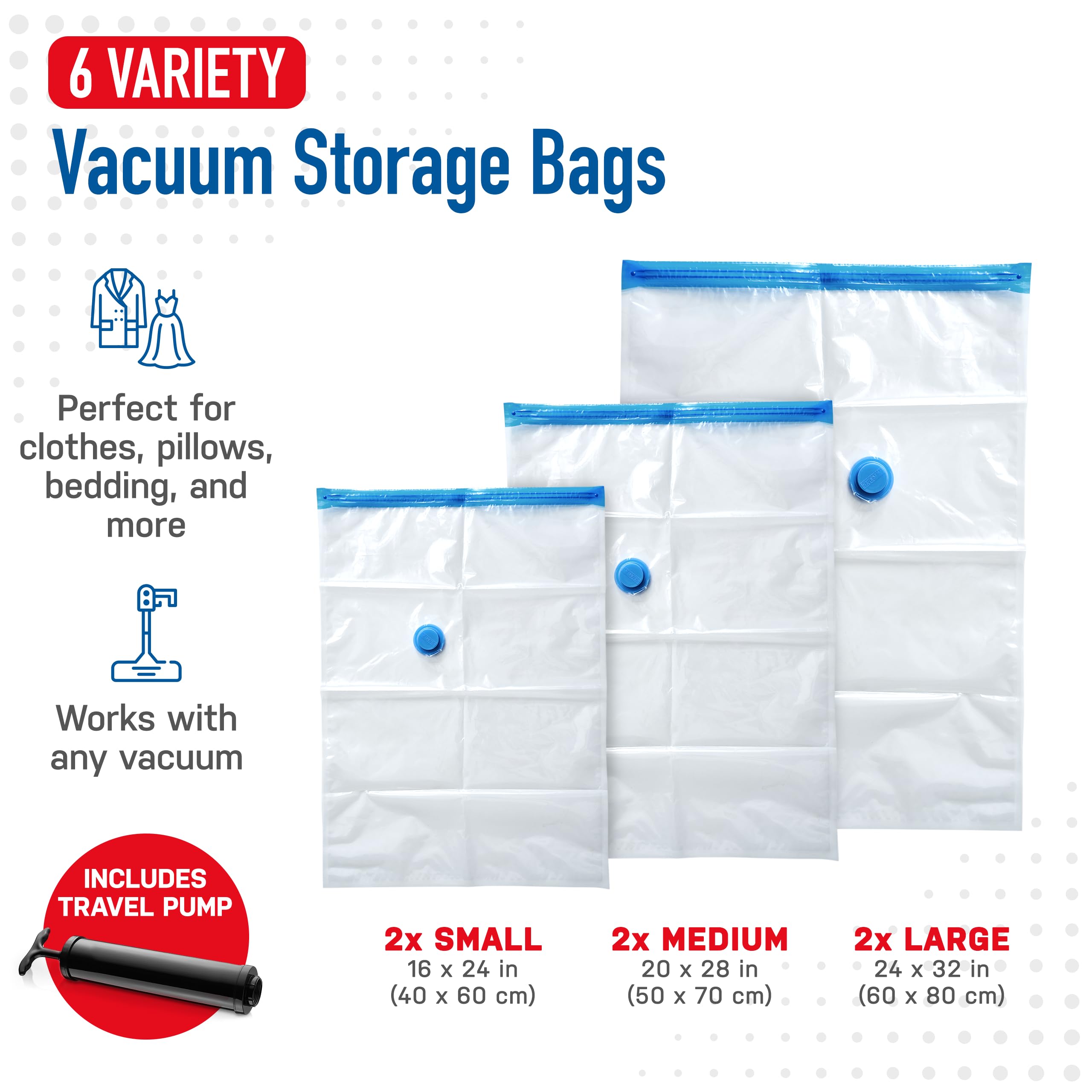 Premium Vacuum Storage Bags 6-Pack (2 Small/2 Medium/2 Large) - 80% More Space Saving, Includes Hand Pump for Clothes, Blankets & Seasonal Items - Ideal for Travel, Moving & Home Organization