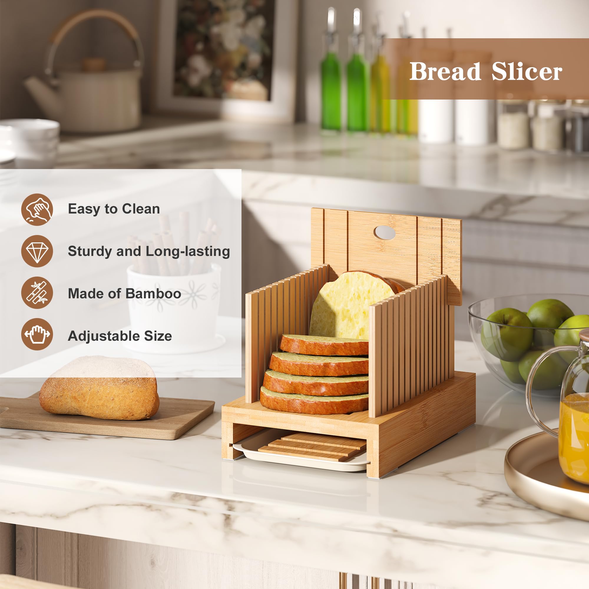 FILWH Adjustable Bamboo Bread Slicer with Crumb Tray - Foldable Wooden Bread Cutting Board for Homemade Loaves, Cakes & Pastries - Perfect for Kitchen, Baking & Meal Prep