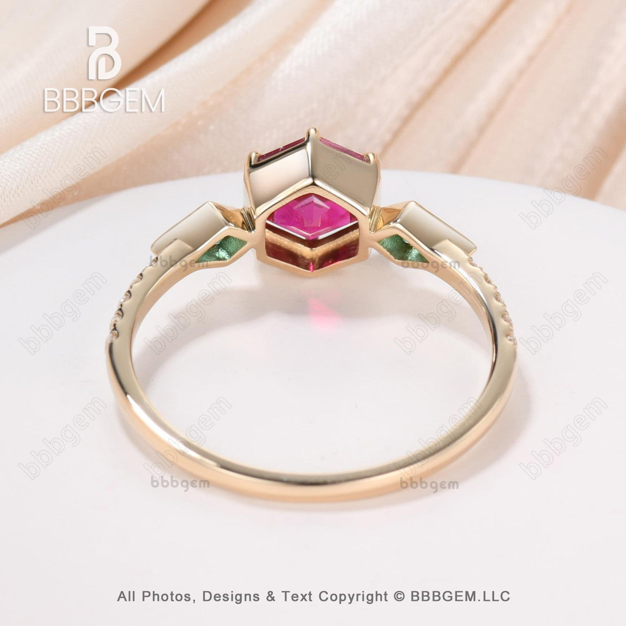 Vintage Hexagon Lab Ruby & Emerald Engagement Ring for Women - Silver 3 Stone Kite Cut Side Stones, Perfect for Weddings, Anniversaries & Special Occasions