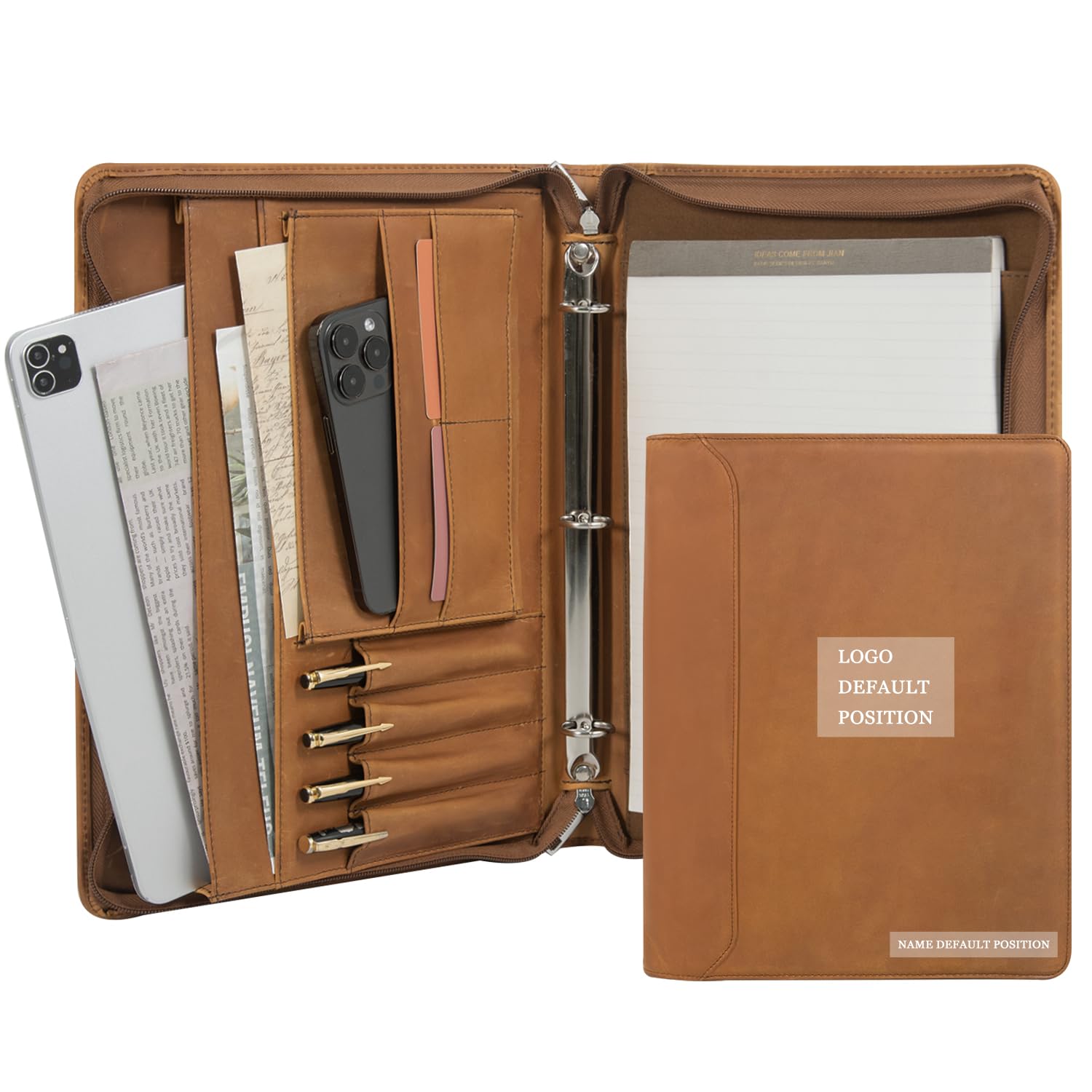 Personalized Leather Portfolio Binder for Men & Women - Free Name Engraving, Custom 3-Ring Zippered Business Organizer, Handmade Professional Padfolio Folder (Brown) - Perfect Office Gift for Executives & Graduates