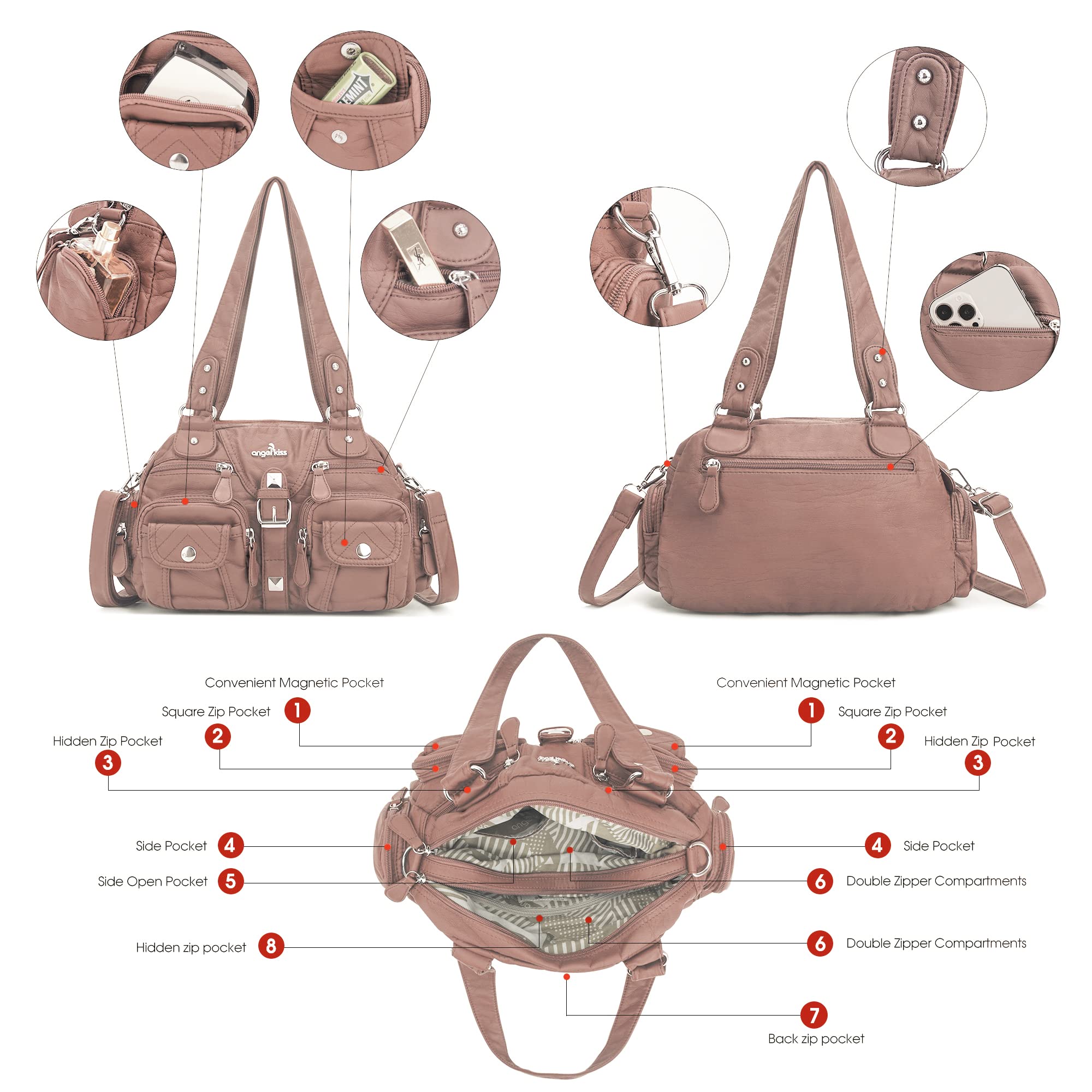 Angel Kiss Women's Hobo Crossbody Shoulder Bag - Multipocket Soft Leather Handbag with Removable Strap | Perfect for Work, Travel & Everyday Use