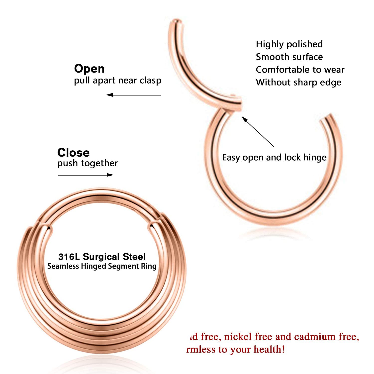 PEAKLINK 16G Surgical Steel Septum Ring, Daith Earrings, Conch Hoop - 2PCS Seamless Clicker Nose Ring for Tragus, Helix, Rook Piercing - 8mm & 10mm Cartilage Hoop Earrings for Women & Men - Perfect for Everyday Wear, Parties & Gifts