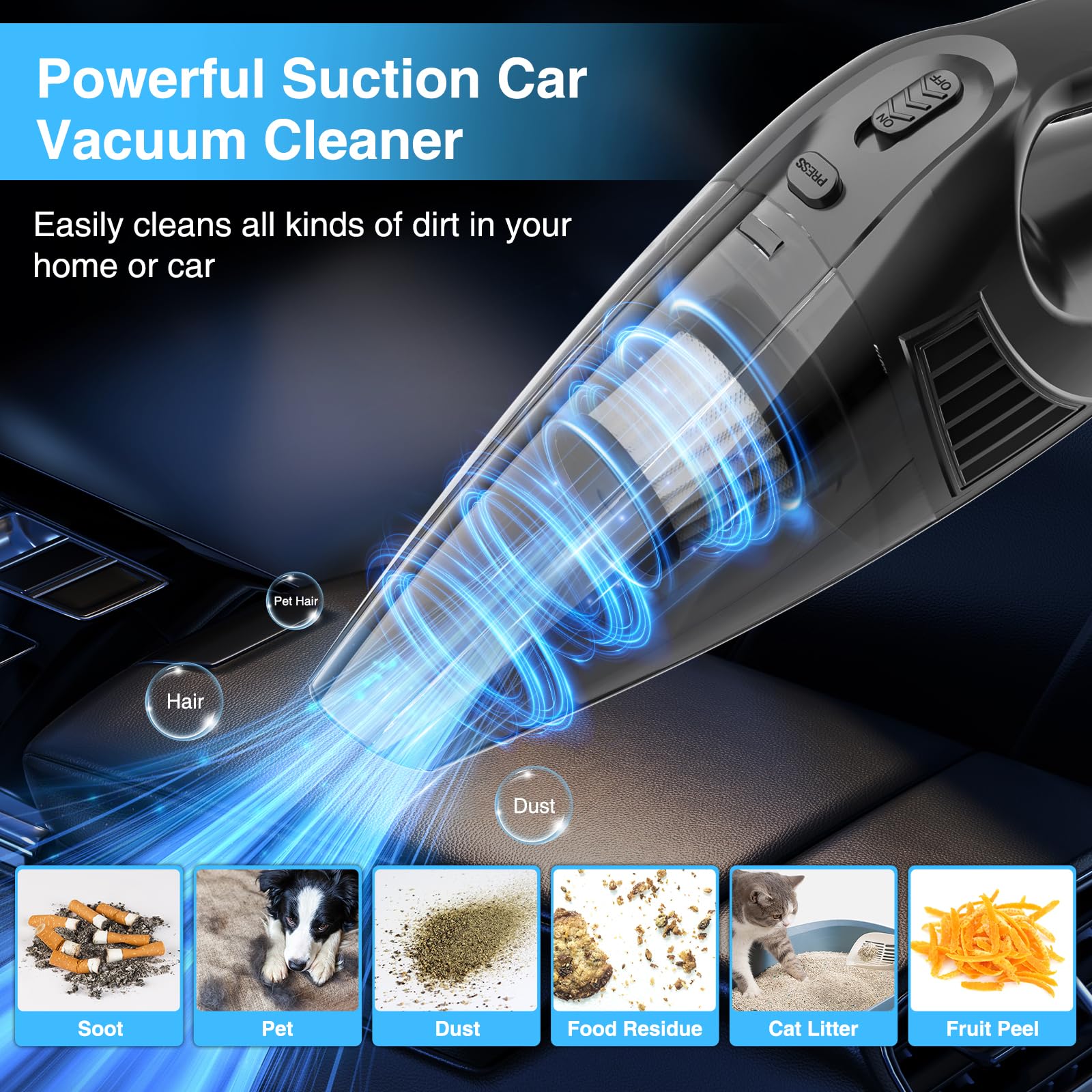 Powerful 11000PA Portable Car Vacuum Cleaner - 12V DC, 0.5L Capacity, High Suction for Pet Hair & Dust - Ideal for Cars, Home, Office & Travel Use