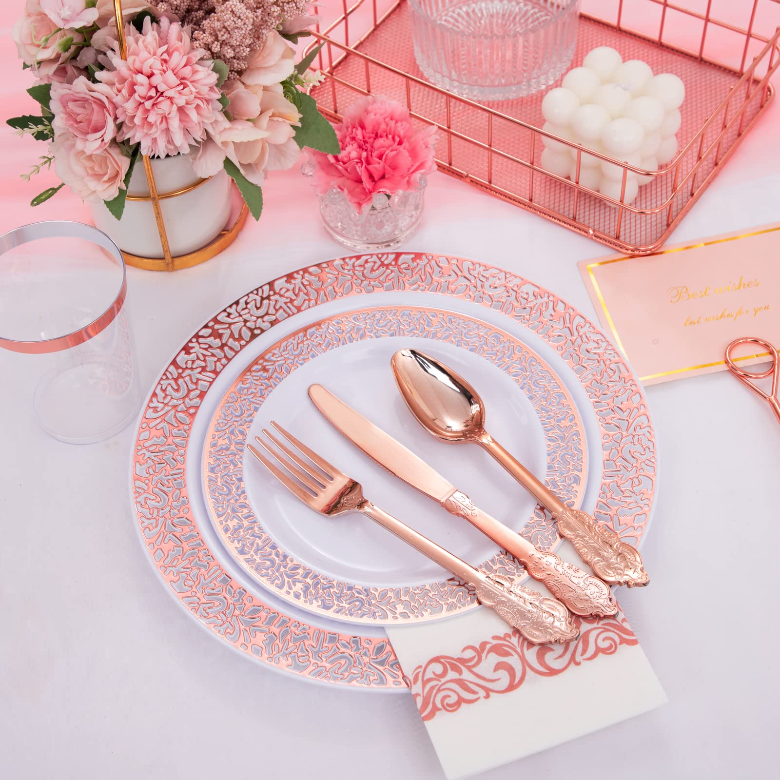 50-Piece Rose Gold Plastic Dinnerware Set for Parties - 100 Disposable Plates, 150 Silverware (50 Forks, 50 Knives, 50 Spoons), 50 Cups with Paper Straws & Napkins - Elegant Disposable Tableware for Weddings, Baby Showers & Events