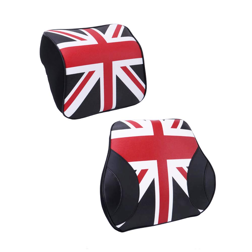 Heinmo Memory Foam Car Headrest & Lumbar Support Pillow - Ergonomic Comfort for Long Drives - Universal Fit for Most Cars (Black Union Jack Design) - Perfect for Road Trips, Commuting & Back Pain Relief
