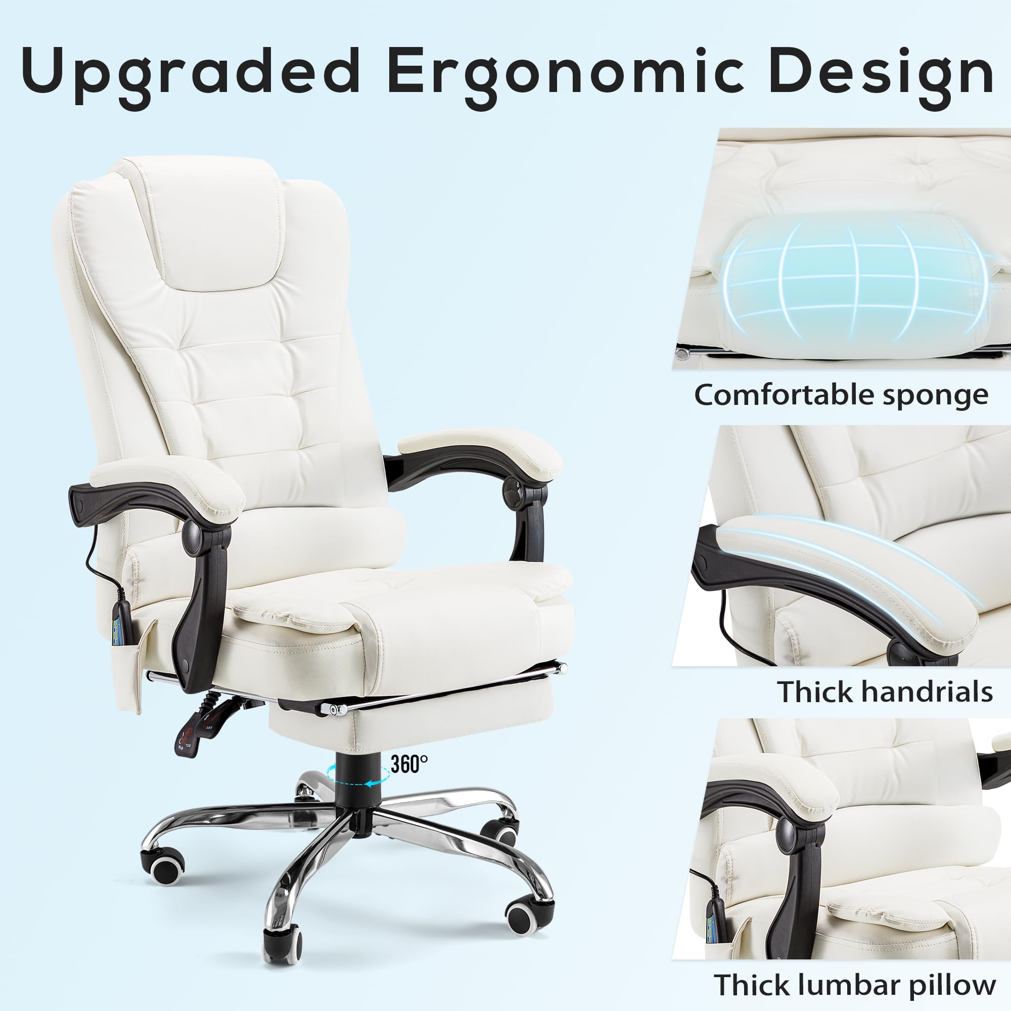Esright Heated Massage Executive Office Chair with Footrest - High Back Reclining Swivel Leather Computer Desk Chair in Cream White - Perfect for Home Office, Gaming & Relaxation