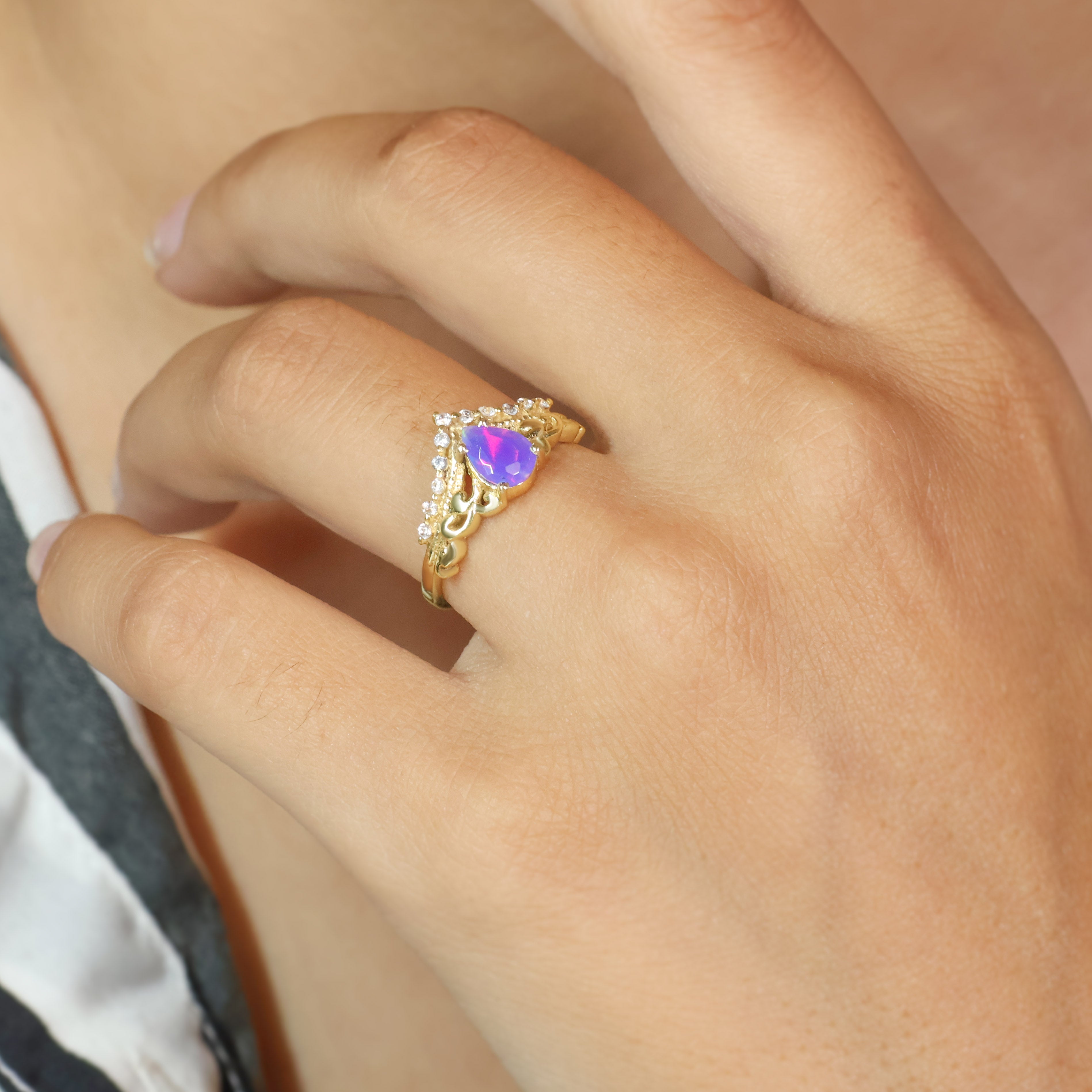 Lavender Ethiopian Opal Gemstone Crown Style Ring – Elegant Handmade Jewelry for Women, Perfect for Weddings, Parties & Special Occasions
