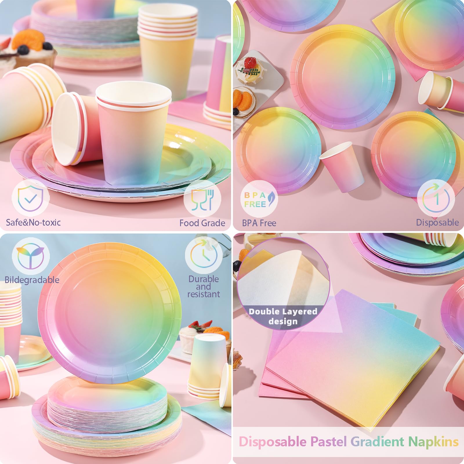 Rainbow Birthday Party Decorations for Girls - 50-Pack Pastel Rainbow Paper Plates & Napkins Set - Easter, Baby Shower & Birthday Party Supplies - Ideal for Kids, Teens & Themed Celebrations
