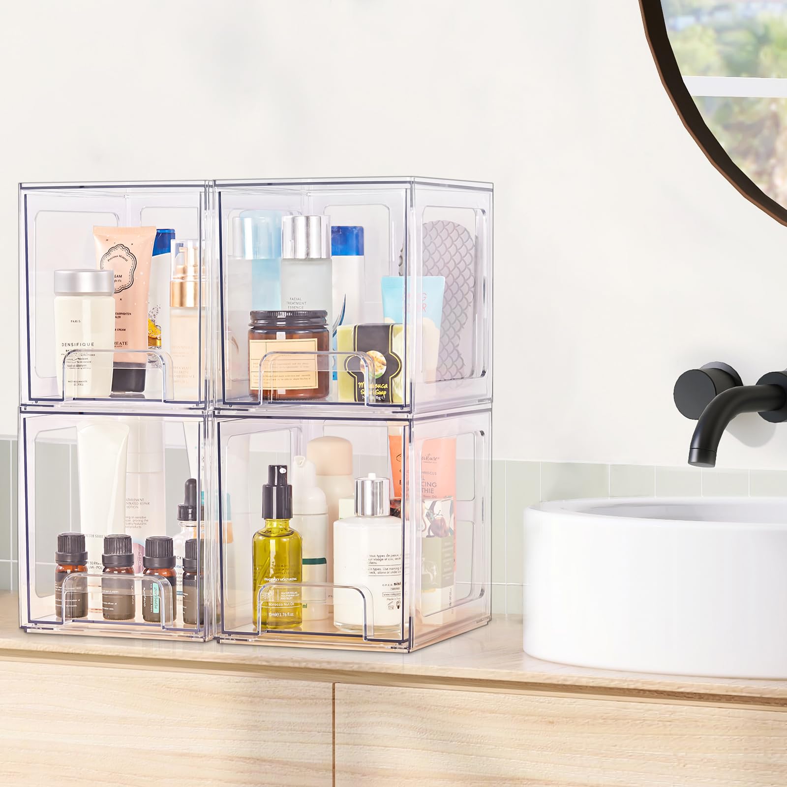 SMARTAKE 4-Pack Acrylic Makeup Organizer Drawers - Stackable Bathroom Storage for Vanity & Kitchen