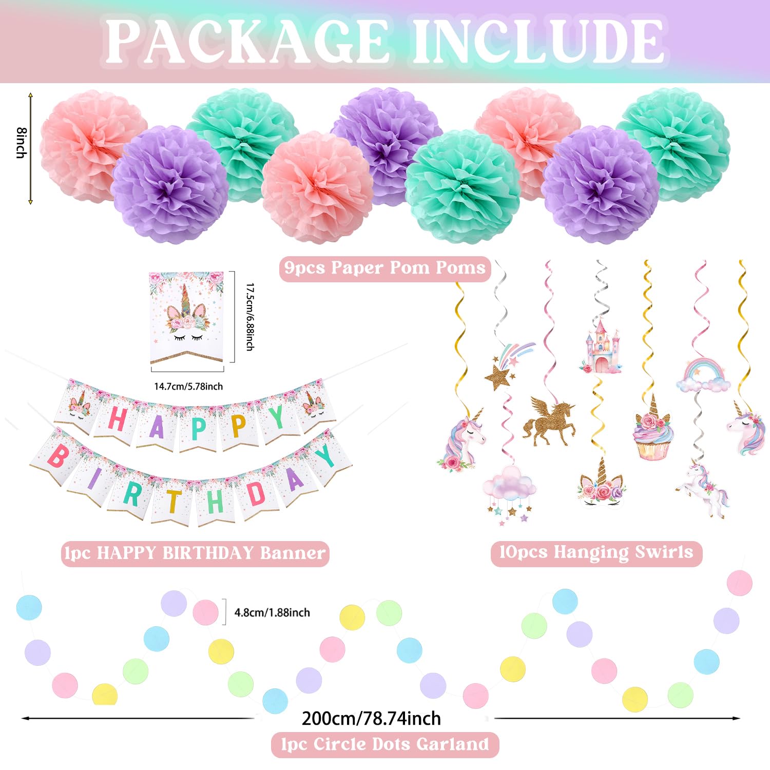 Magical Unicorn Birthday Party Decorations Set - 9pcs Tissue Paper Pom Poms, 10pcs Hanging Swirls, Macaron Garland & Happy Birthday Banner - Perfect for Girls' Birthday Parties, Baby Showers & Unicorn Themed Events