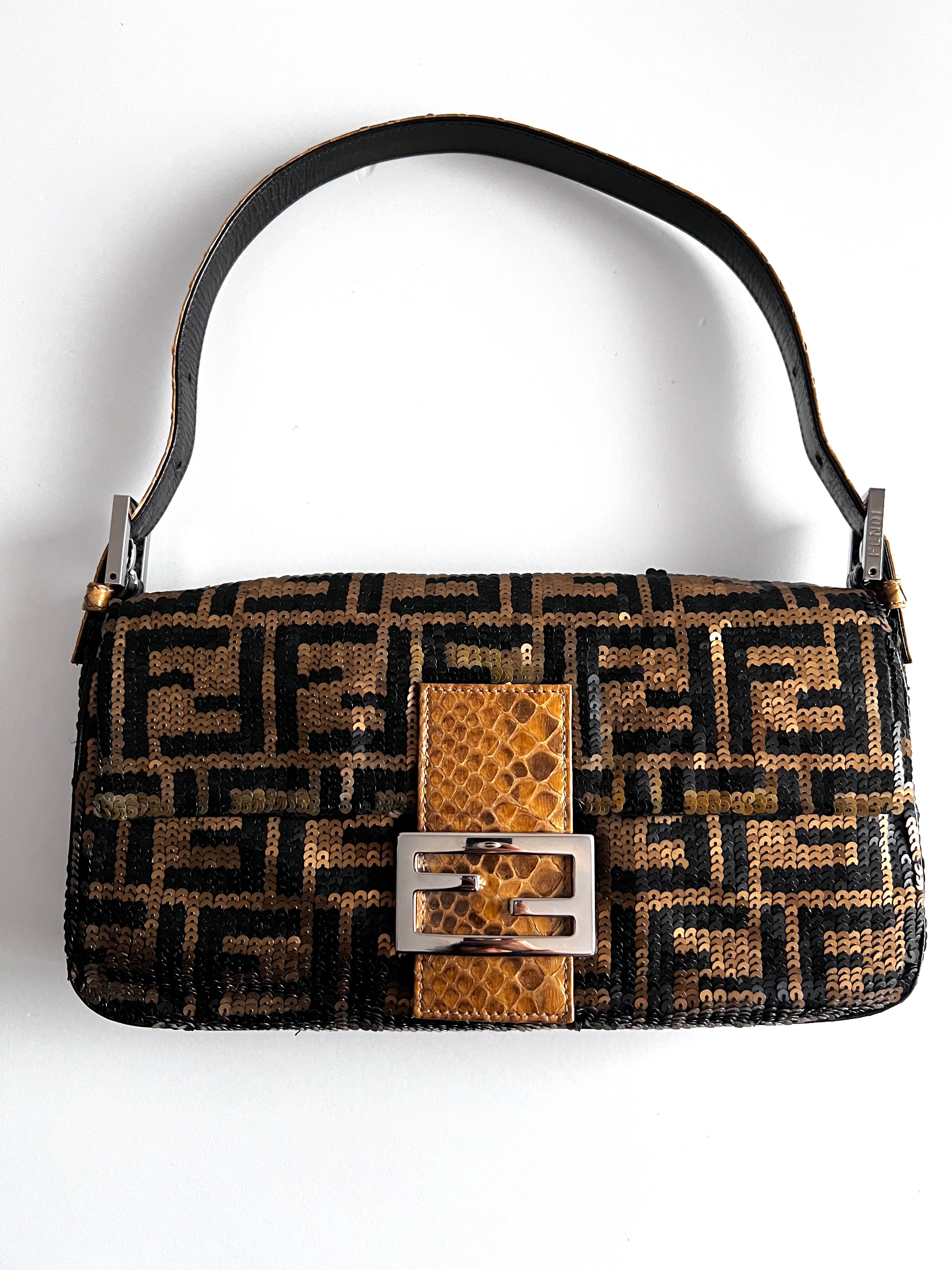 Vintage Fendi FF Sequin Baguette Bag from 1980s - Luxury Shoulder Bag for Women, Perfect for Evening Parties, Weddings & Special Occasions