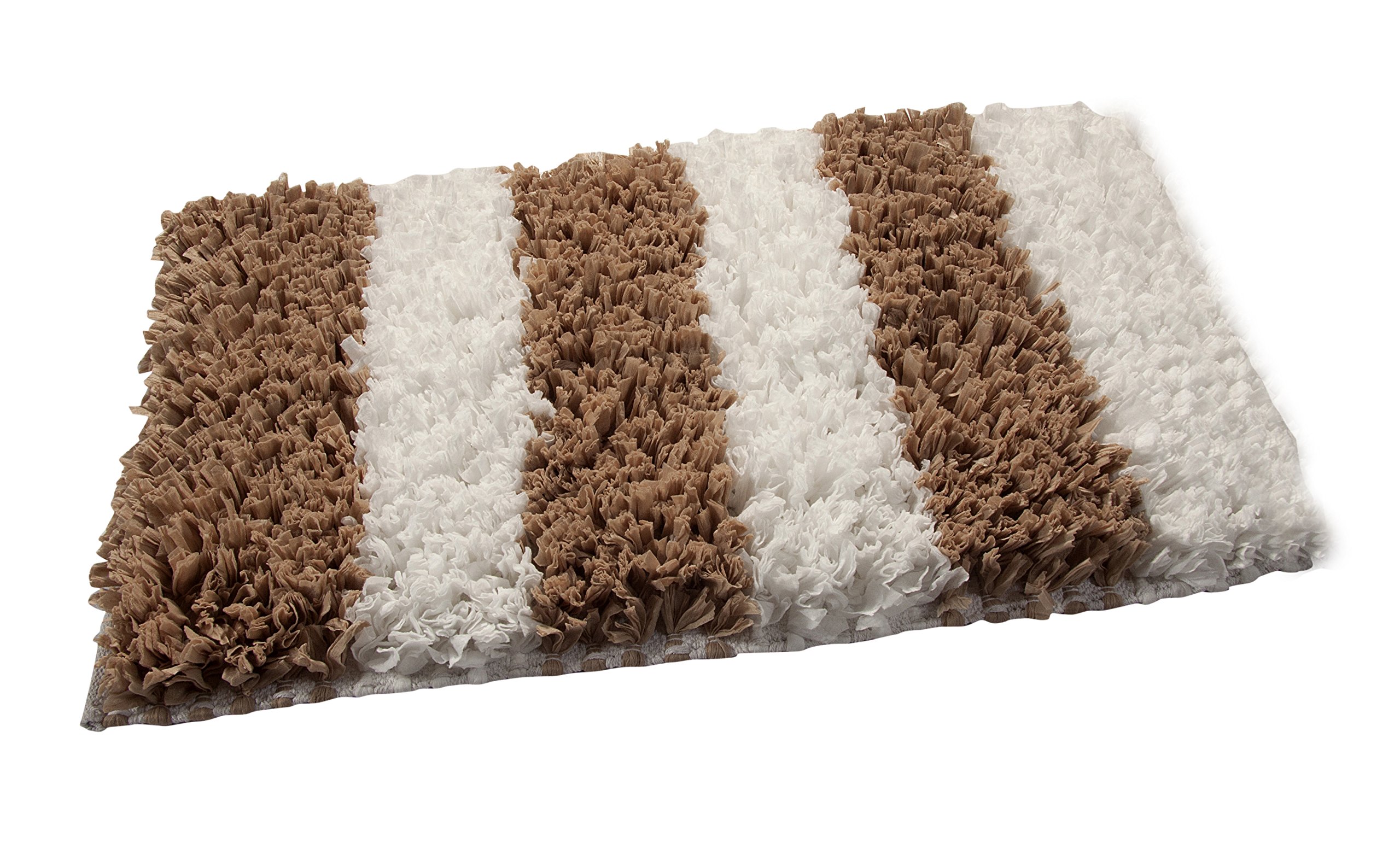 Premium Handloom Woven Bath Rug - 34x21 Inches Soft Polyester/Viscose/Cotton Blend - White & Beige Striped Pattern (GSF 200) - Non-Slip Bathroom Mat for Modern Home Decor, Spa & Guest Bathrooms
