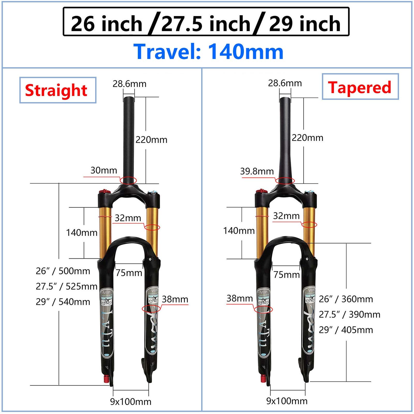 26/27.5/29 Inch Magnesium Alloy MTB Front Suspension Fork - 140mm Travel Air Shock Absorber with Tapered Remote Lockout (29 Inch) - Perfect for Trail Riding, Mountain Biking & Off-Road Adventures