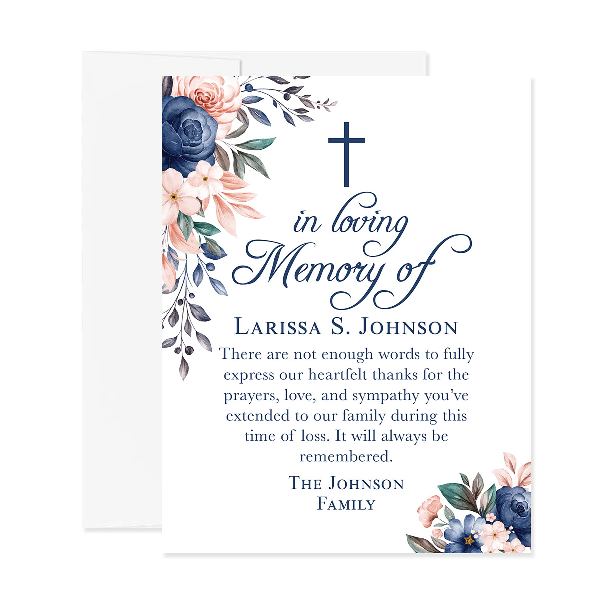 Navy Blue Floral In Loving Memory Funeral Thank You Cards with Cross - Personalized Sympathy Acknowledgement Cards (4.25x5.5 Inches) with Envelopes - Perfect for Memorial Services, Condolence Notes & Bereavement Gifts