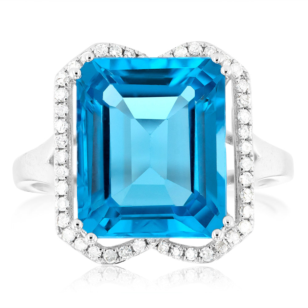 9ct White Gold Natural Blue Topaz & Diamond Ring for Women - Elegant Engagement, Wedding, Anniversary Gift for Her