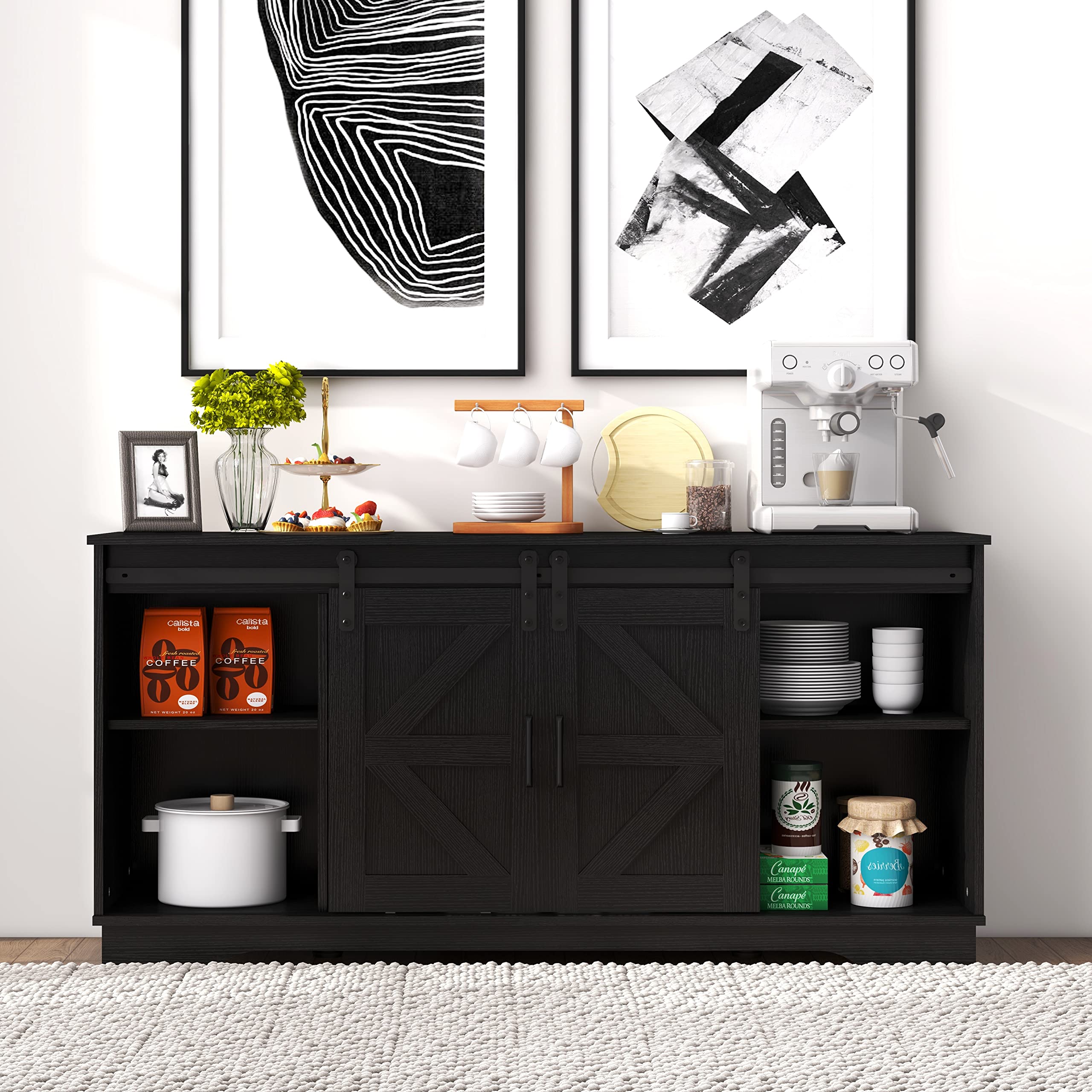 Panana Bar Cabinet with Barn 2 Sliding Doors - Farmhouse Style Buffet Storage Cabinet & TV Stand in Black - Perfect for Living Room, Dining Room, or Home Bar Setup