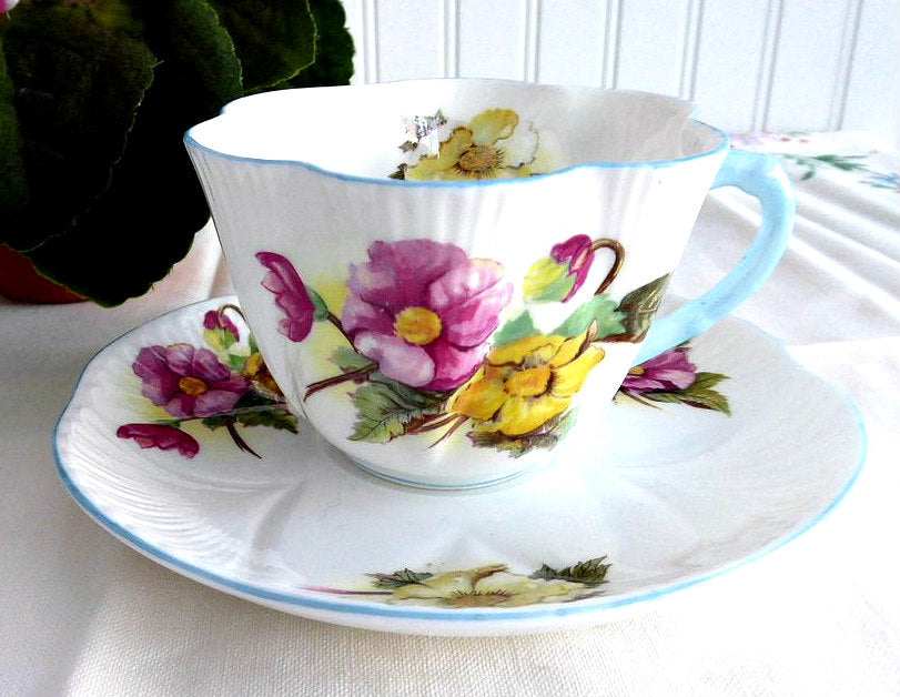 Vintage Shelley Dainty Begonia Cup and Saucer Set - England Blue Trim Porcelain Tea Set - Perfect for Afternoon Tea, Collecting, and Vintage Home Decor