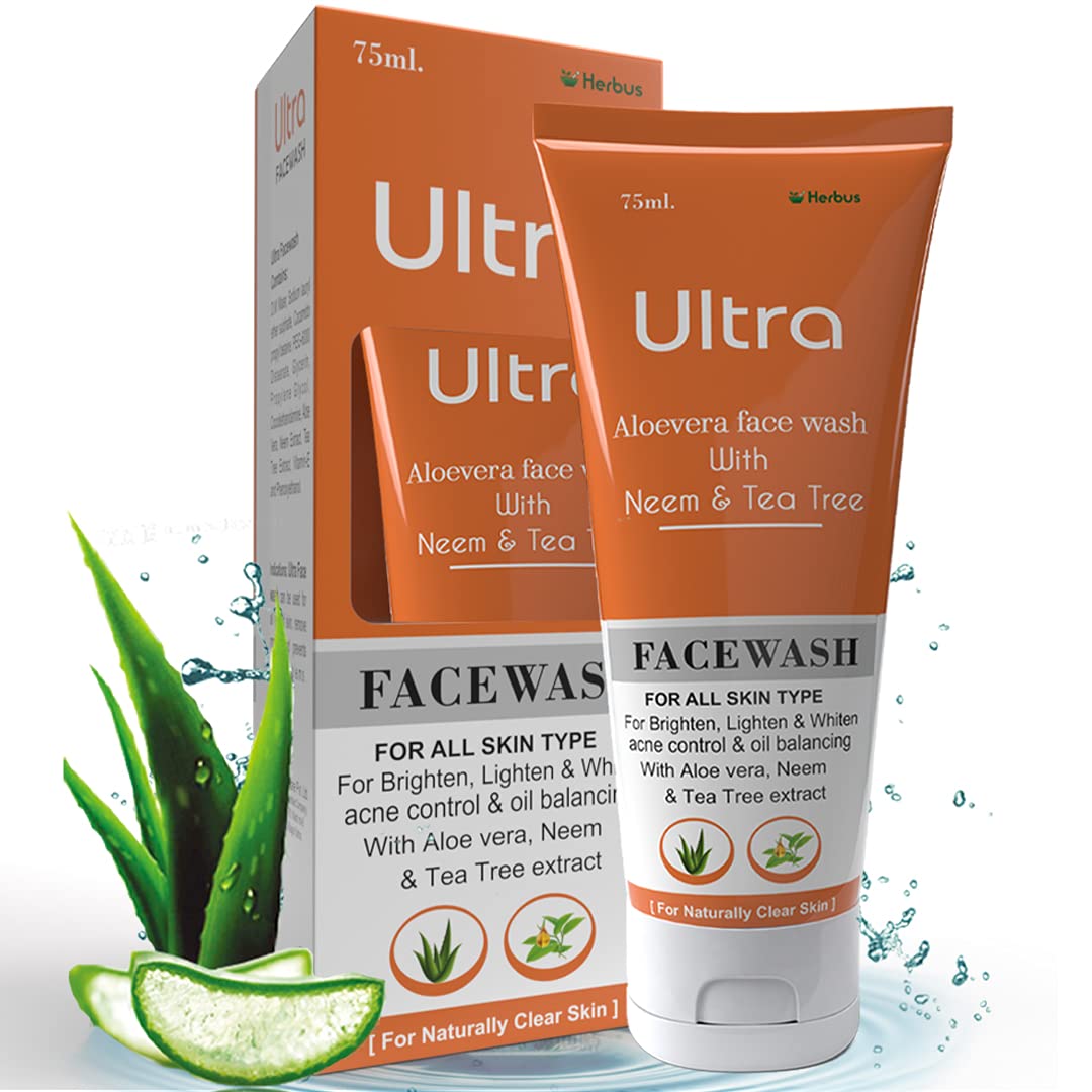 Ultra Healthcare Natural Aloe Vera, Neem & Tea Tree Extract Face Wash for Brightening, Lightening & Whitening Skin | Acne & Pimple Treatment | Oily Skin Control | Daily Cleansing for Clear & Balanced Skin