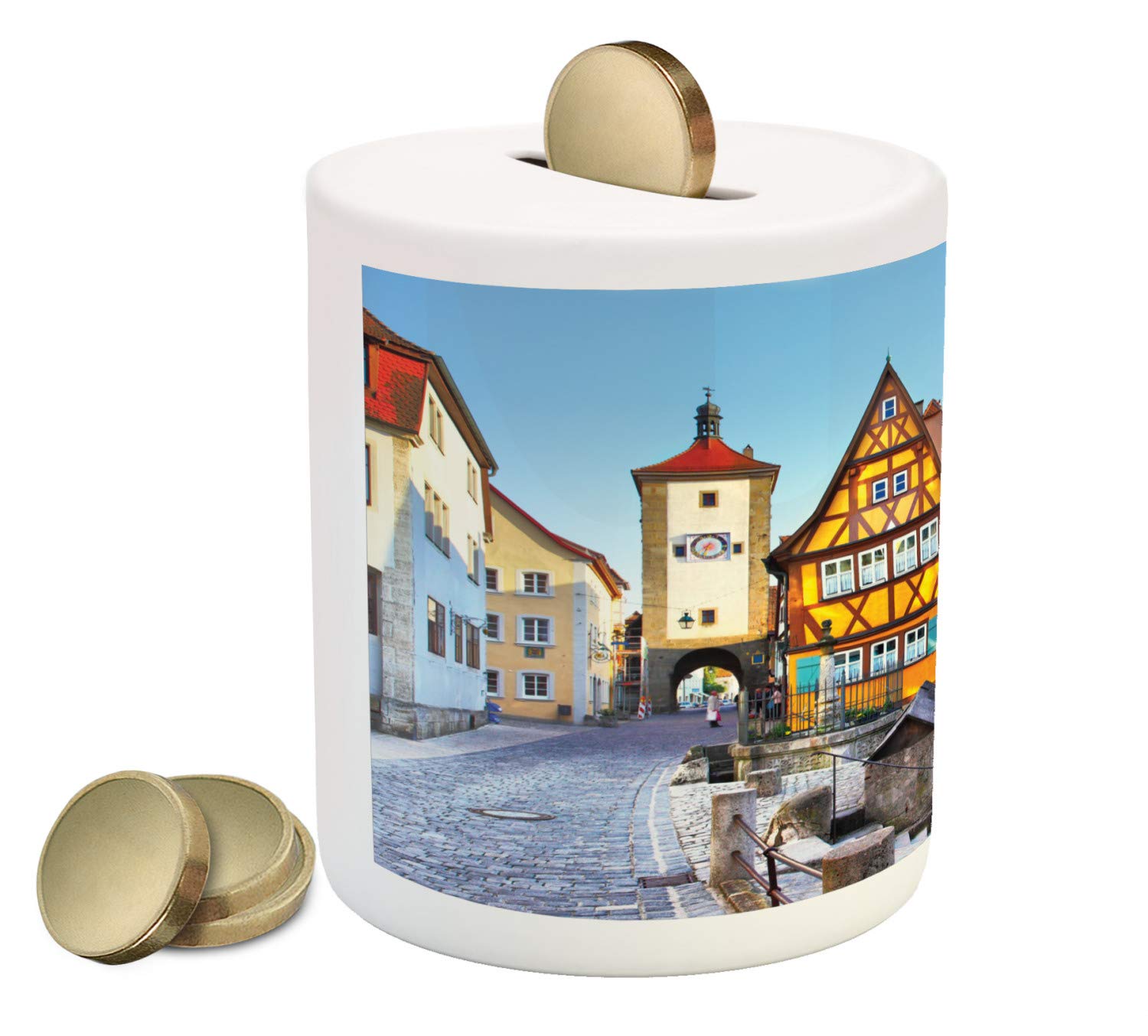 Ambesonne German Piggy Bank - Rothenburg ob der Tauber Bavaria Themed Ceramic Coin Bank with Colorful Classic Houses Design, Money Saving Box for Kids & Adults | Perfect Gift for Christmas, Birthday & Home Decor