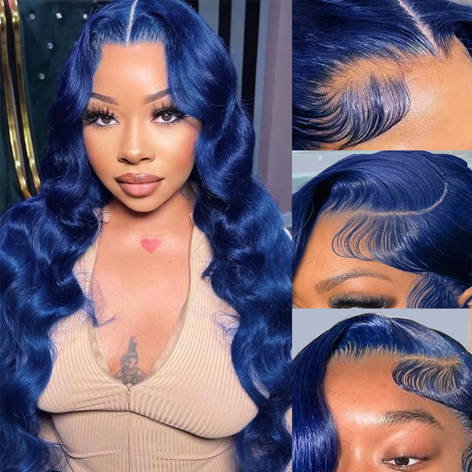 Blue Lace Front Wigs Human Hair - 13x4 HD Transparent Lace Frontal Body Wave Wig | Pre Plucked with Baby Hair, 180% Density, Dark Blue Colored | Glueless Wigs for Black Women (26 Inch) | Perfect for Cosplay, Parties & Everyday Wear