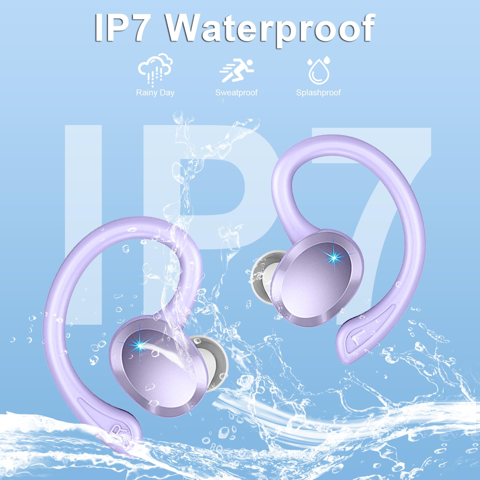Wireless Bluetooth 5.3 Sports Earbuds with Ear Hooks, Hi-Fi Stereo Bass, 48H Playtime, Active Noise Cancelling, IP7 Waterproof - Perfect for Running, Workouts, Gym & Outdoor Activities - Compatible with Android, iOS, Laptop & Tablet