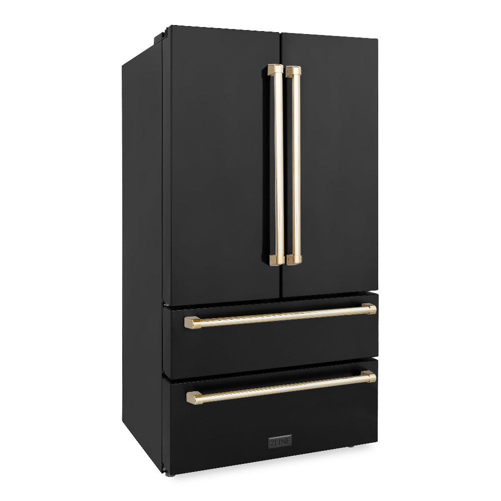 ZLINE Autograph Edition 36 Inch Counter Depth French Door Refrigerator - 22.5 cu ft Capacity, Fingerprint Resistant Black Stainless Steel with Polished Gold Handles, Built-in Ice Maker (RFMZ 36 BS G) - Perfect for Modern Kitchens, Open Concept Homes & Luxury Appliances Collection