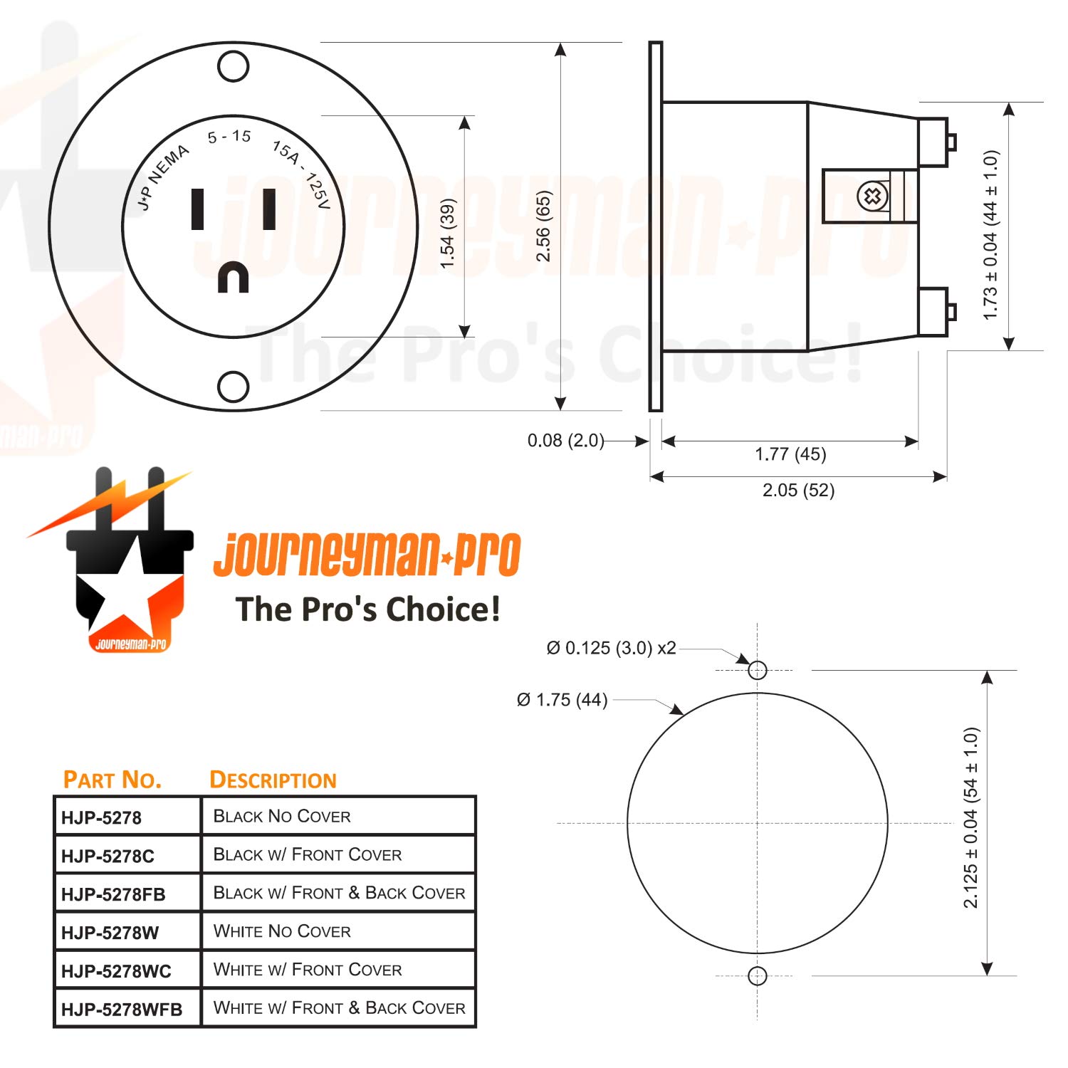 Journeyman-Pro 5278 15 Amp 120-125V NEMA 5-15 Flanged Inlet, Black Commercial Grade 2 Pole 3 Wire Straight Blade Plug Charger Receptacle (10-Pack with Front & Back Cover) - Ideal for Industrial Equipment, Data Centers, and Commercial Power Distribution