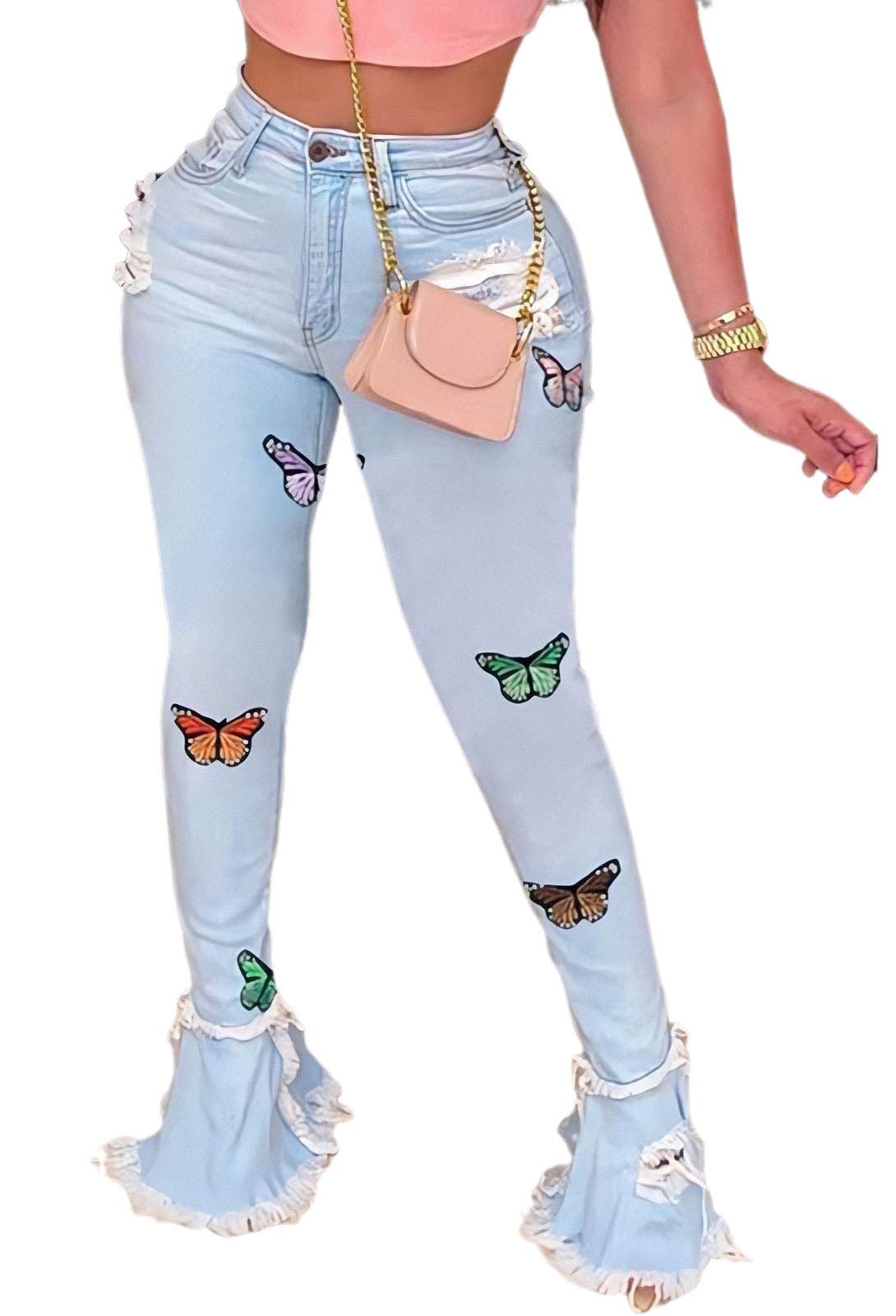 Women's High Waisted Bell Bottom Jeans - Distressed Ripped Flare Denim Pants with Elastic Waist & Raw Hem | Retro 70s Vintage Style for Casual Outfits, Music Festivals and Boho Chic Looks