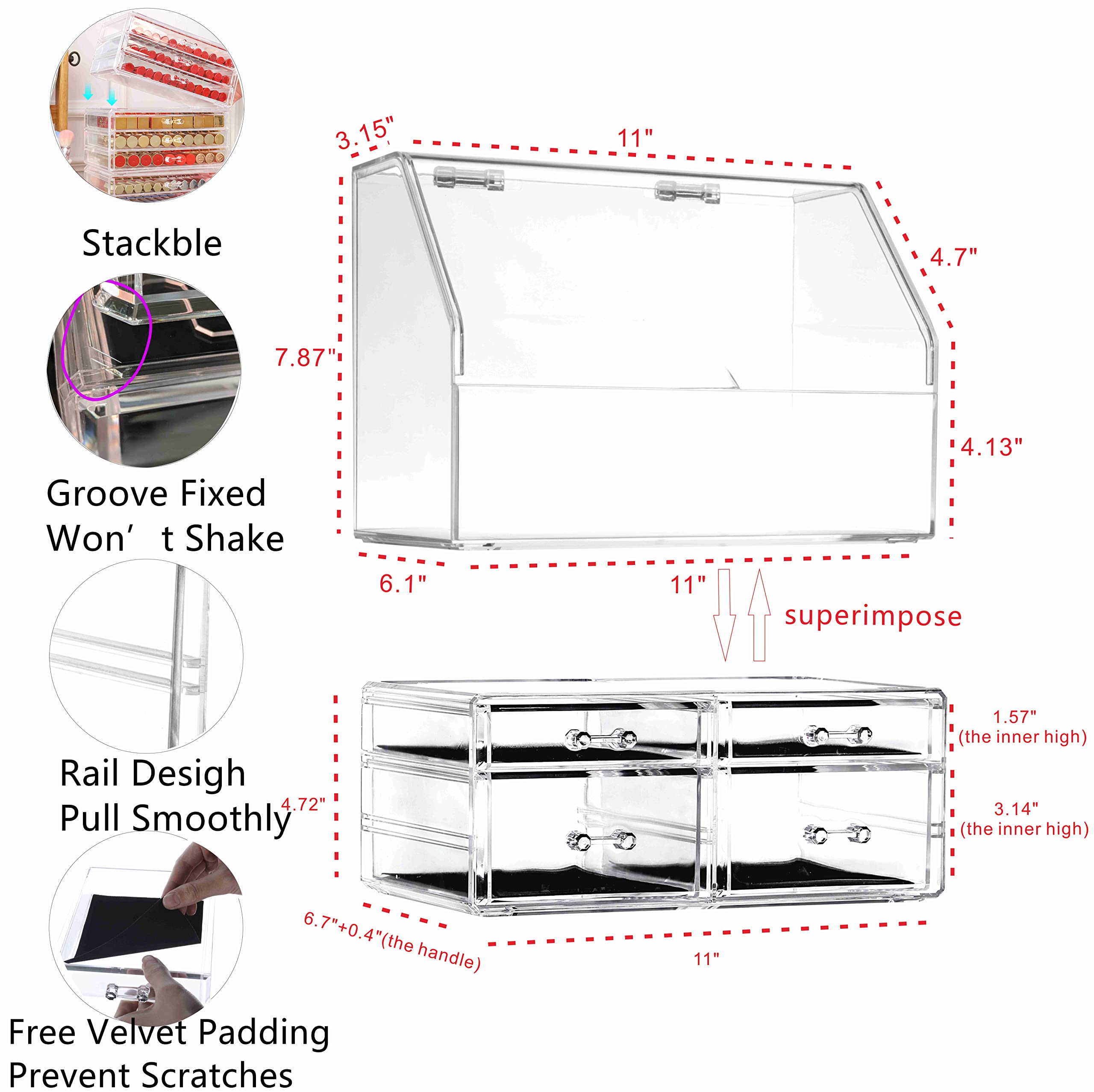 Celar Acrylic Makeup Organizer with Lid - 4 Drawers Dustproof Waterproof Cosmetic Storage for Bathroom Vanity, Dresser & Countertop - Perfect for Skincare, Jewelry & Beauty Essentials Organization