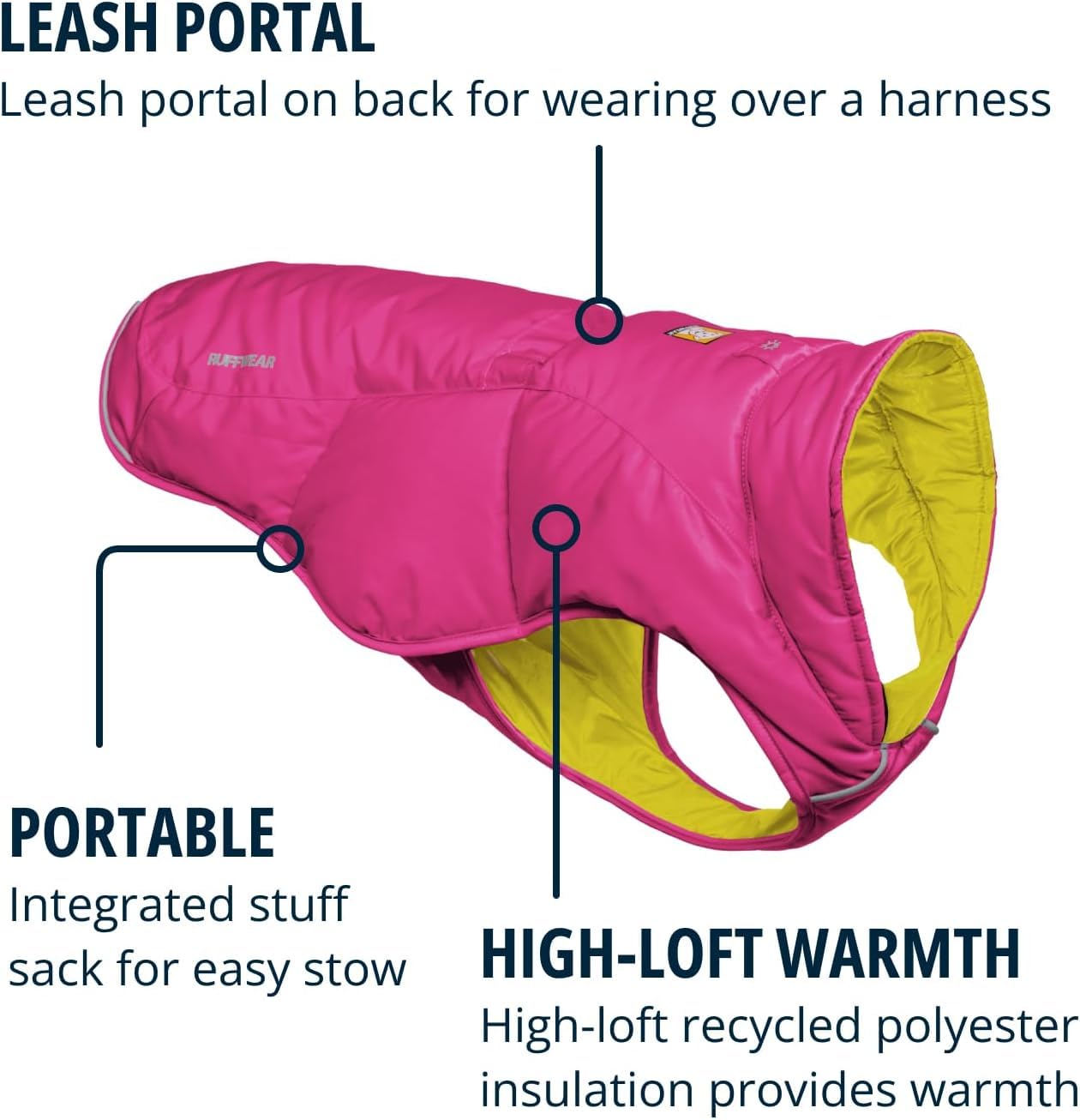 Ruffwear Quinzee Dog Jacket - Insulated & Water-Resistant Winter Coat for Medium Dogs with Stuff Sack - Pink - Perfect for Cold Weather Hiking & Outdoor Adventures