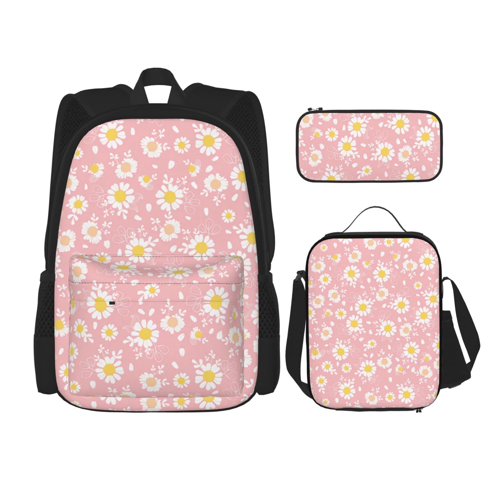 3-Piece Vintage Pink Daisies Backpack Set with Lunch Bag & Pencil Case - Cute School Backpack for Girls, Boys & Teens - Perfect for School, Travel & Everyday Use