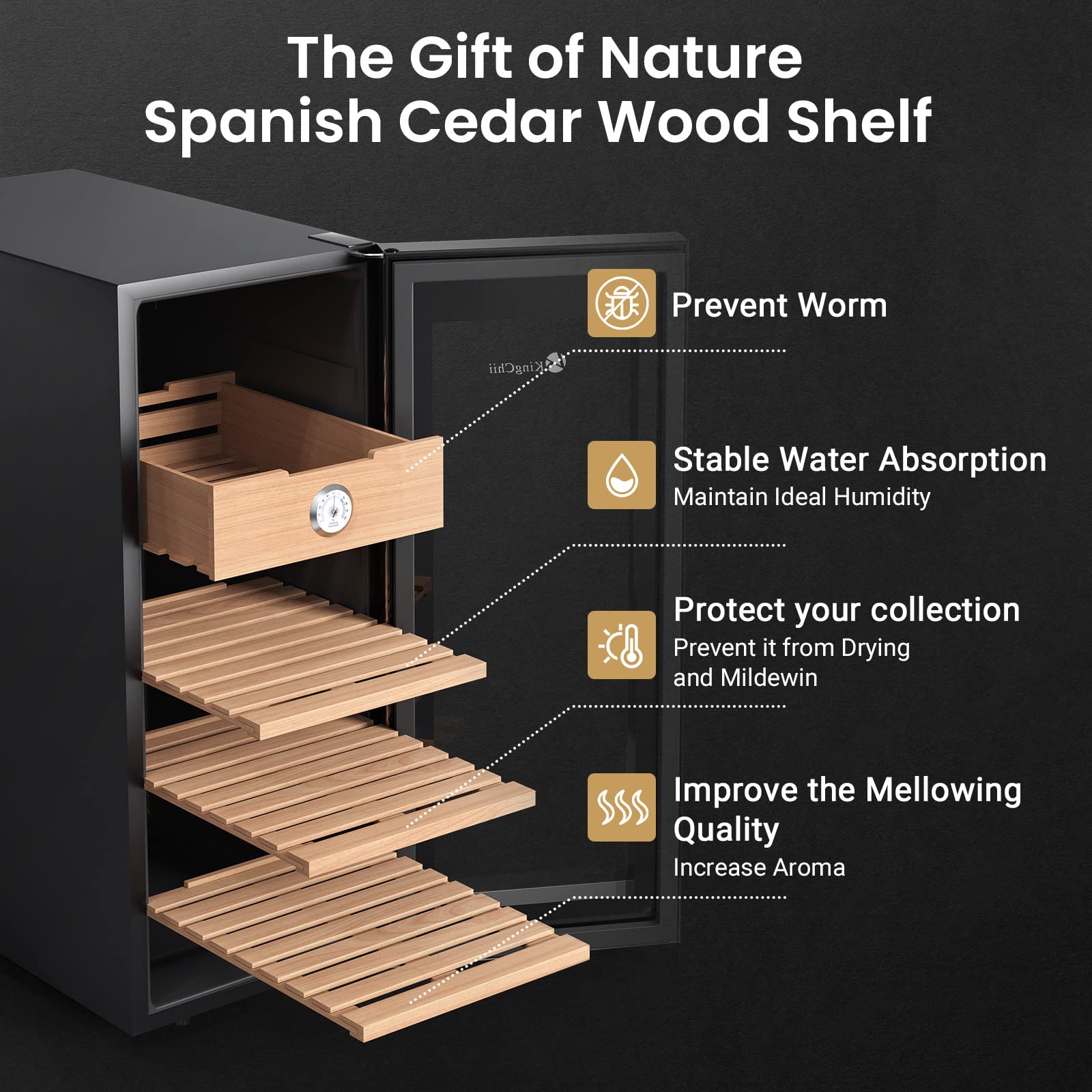 KingChii 33L Electric Cigar Humidor Cabinet with Spanish Cedar Wood Shelves & Digital Hygrometer - Temperature & Humidity Control for 250 Cigars - Perfect Cigar Storage for Home, Office, or Man Cave Gifts for Men