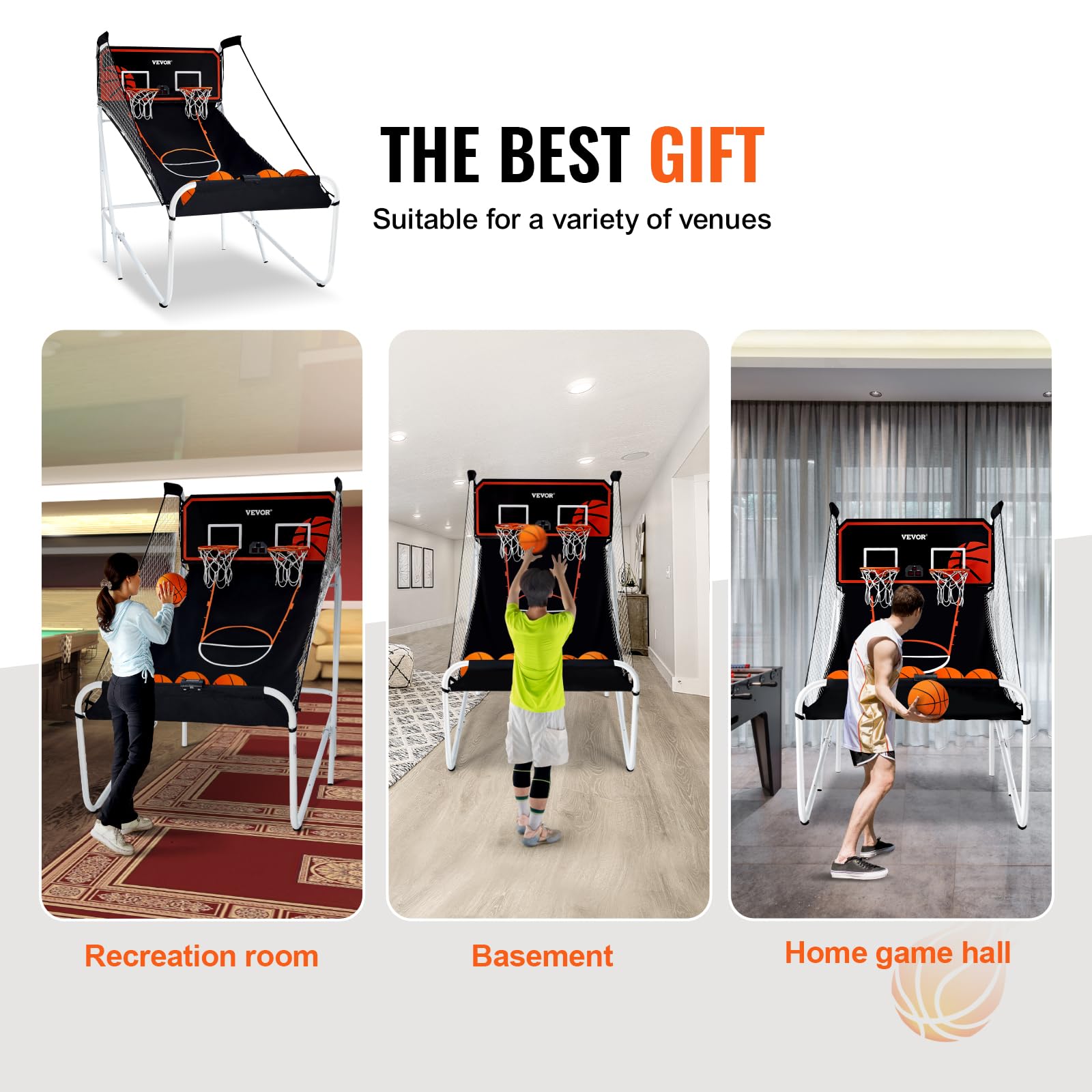 VEVOR 2 Player Basketball Arcade Game - Indoor Electronic Basketball Hoop with 8 Game Modes, Scoreboard & Air Pump - Fun Home Sports Game for Kids & Adults - Perfect for Game Rooms, Parties & Family Entertainment