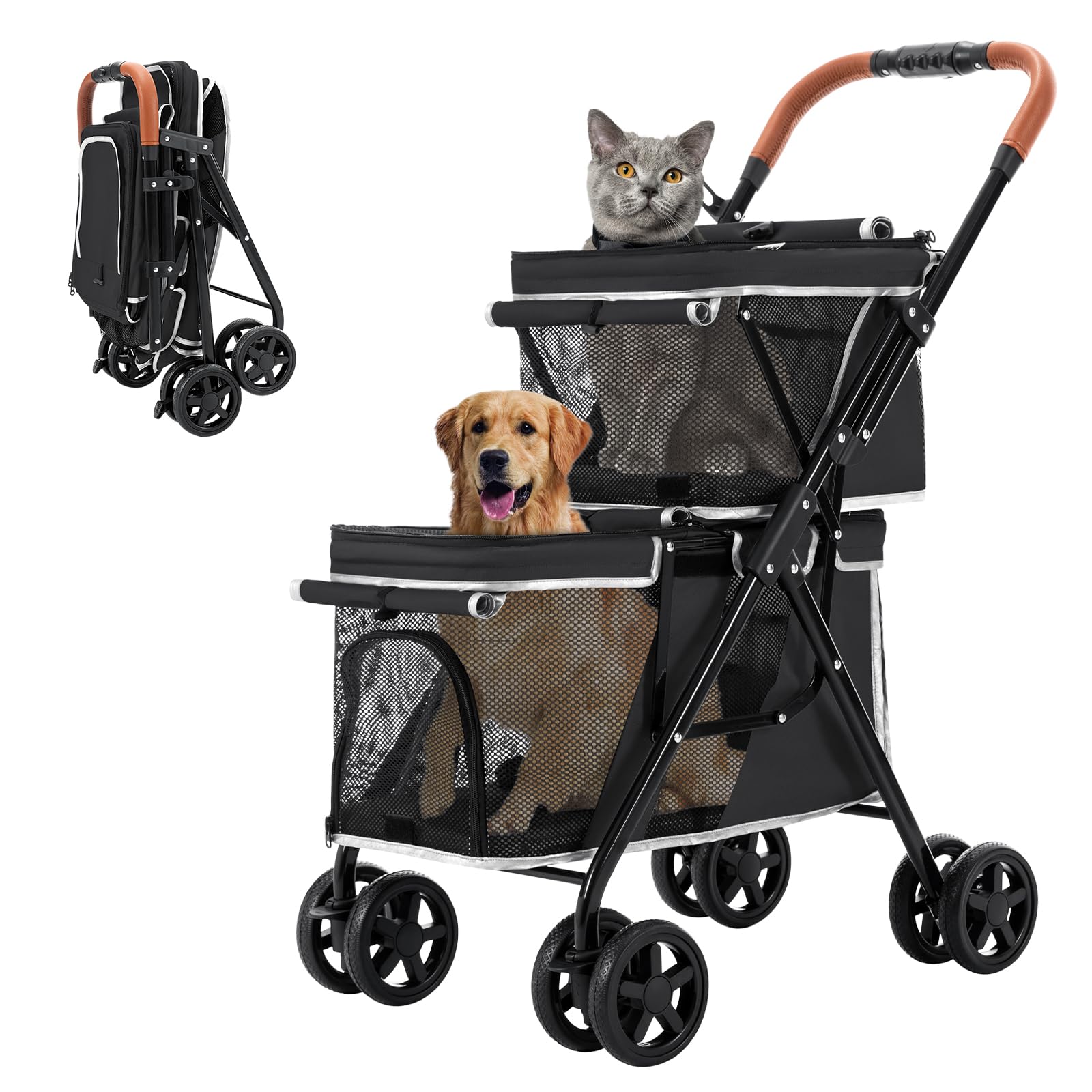Double Pet Stroller for Dogs and Cats - Foldable 4-Wheel Travel Carrier for Small & Medium Pets - One-Hand Operation - Perfect for Park Walks, Vet Visits & Shopping Trips - Black