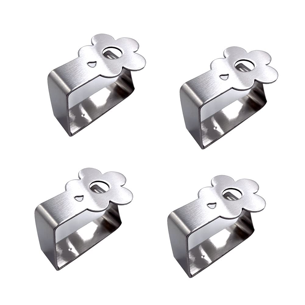 Aliotech 4pcs Flower Shape Stainless Steel Tablecloth Clips - Heavy Duty Silver Table Cover Clamps for Indoor & Outdoor Use - Perfect for Picnics, Parties, and Home Decor