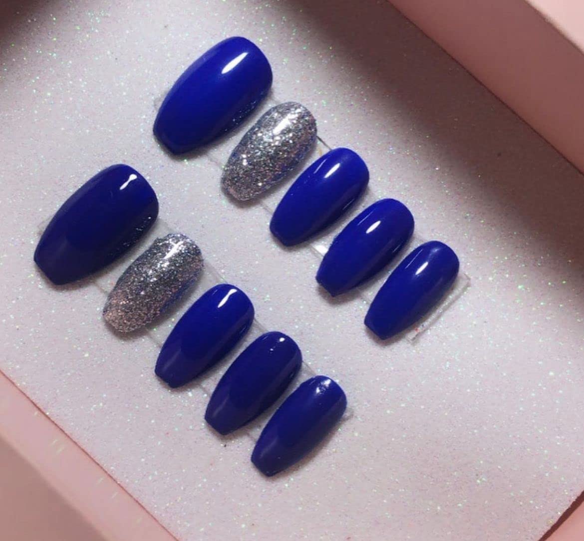 Aarti ENTERPRISE 12-Pack Dark Blue Press on Nails - Glossy Light Design Artificial Nails for Women, Easy to Apply Fake Nails for Parties, Weddings & Special Occasions